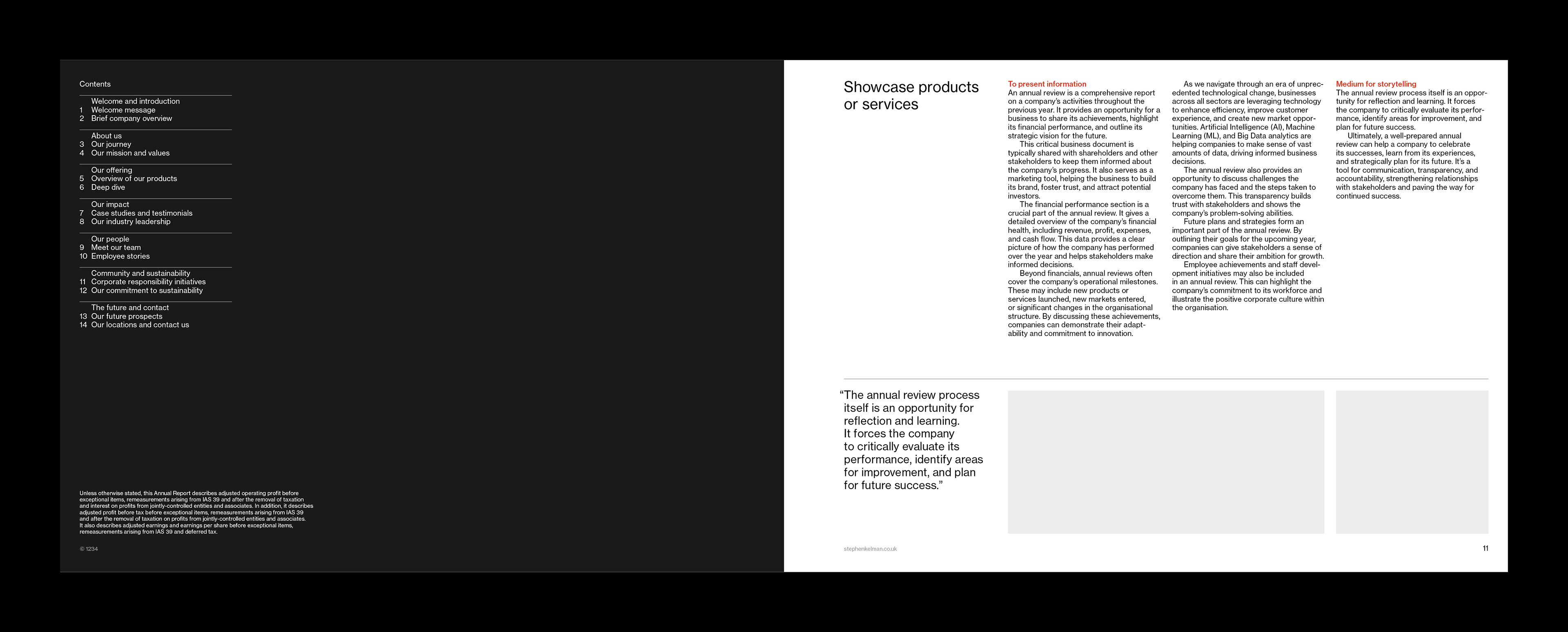 Inside front cover design for an A4 landscape InDesign template. Layout shows dark background on the left and white page of the right – with a mix of left-aligned text, pullquote and images