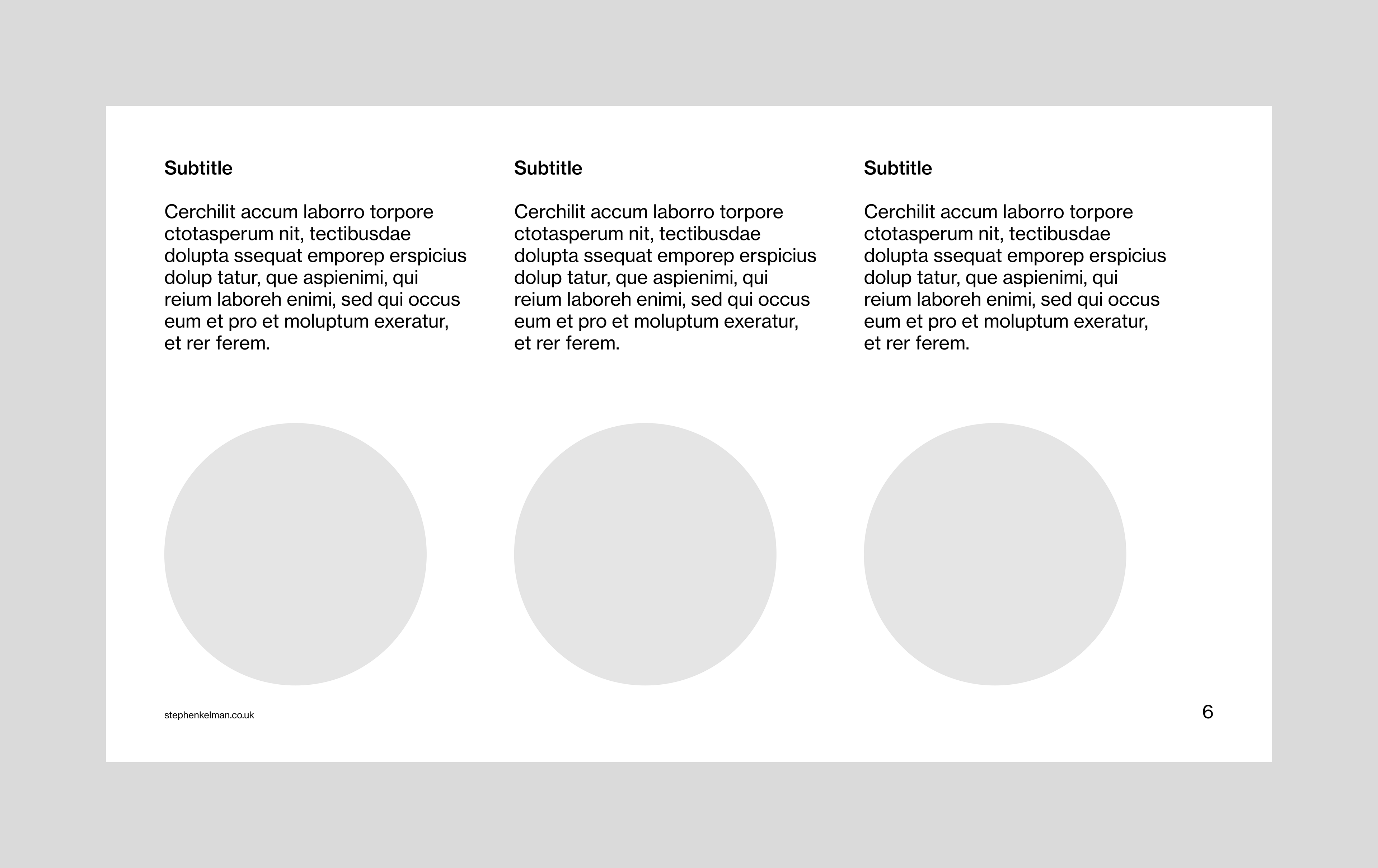 Content pages layout for a slide deck InDesign template. The layout features three columns with a subtitle, paragraph and circular image in each column