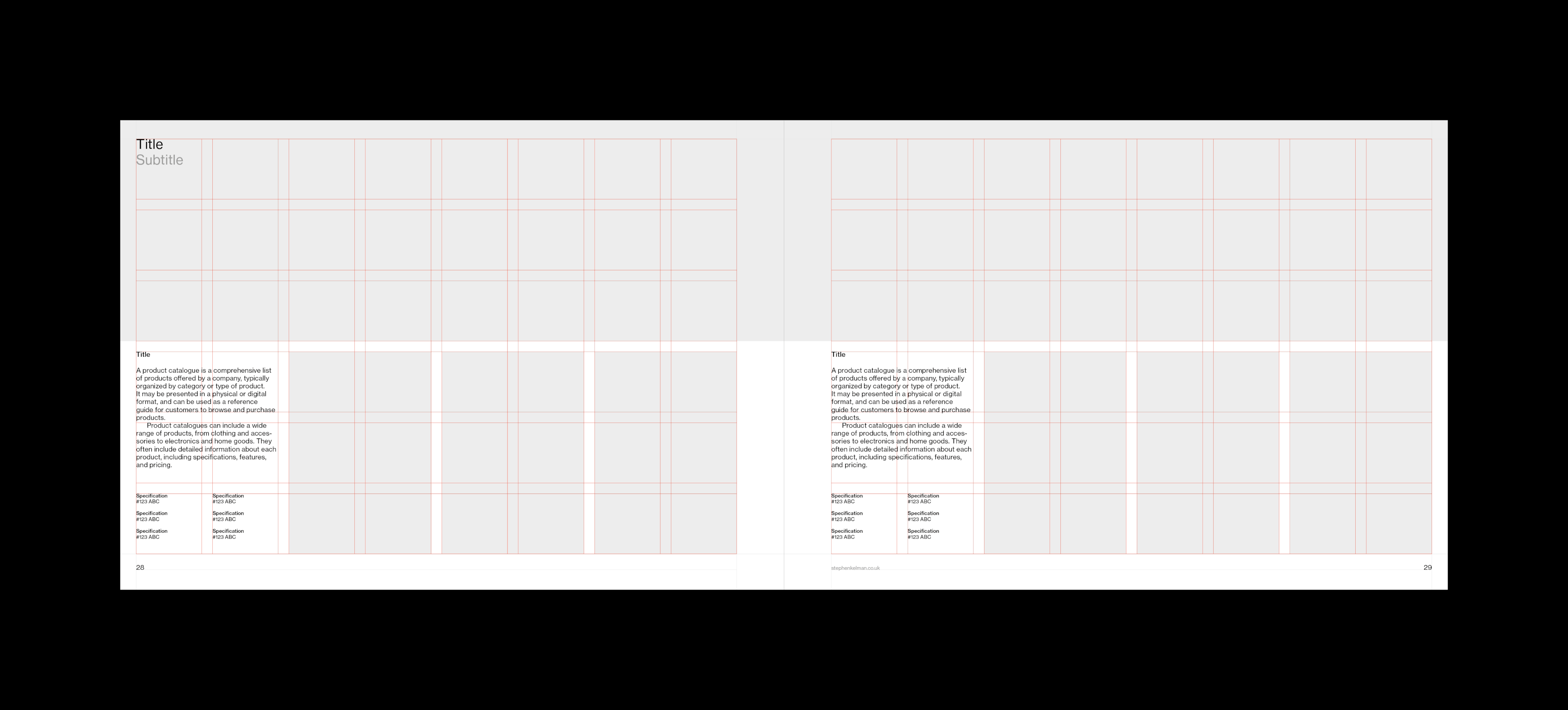 Animation showing grid system and example designs for an A4 landscape catalogue template for Adobe InDesign