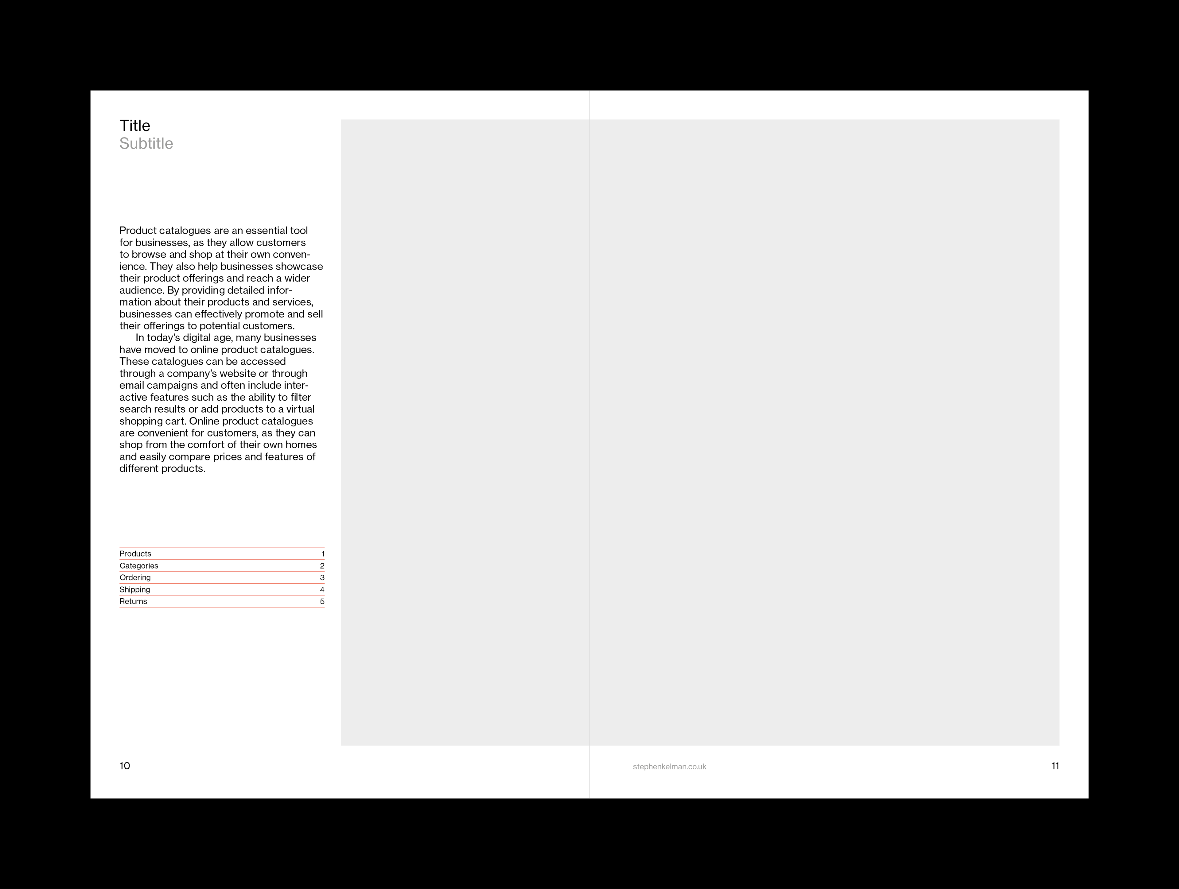 Inside spread example for A5 catalogue. This example shows text to the left and a large image across the spread