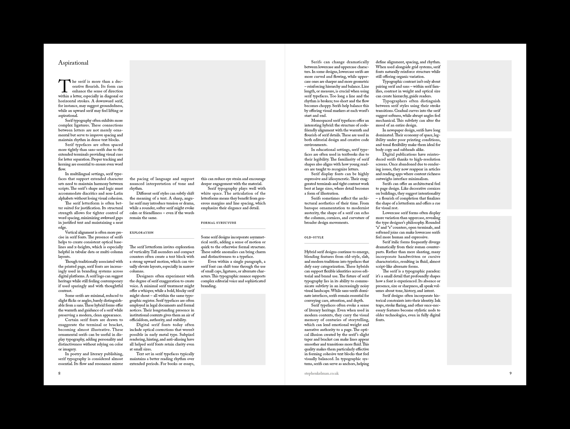 Spread design for an A4 portrait brochure template designed for Adobe InDesign. This spread design shows six columns with a mix of full-justify text and images in each