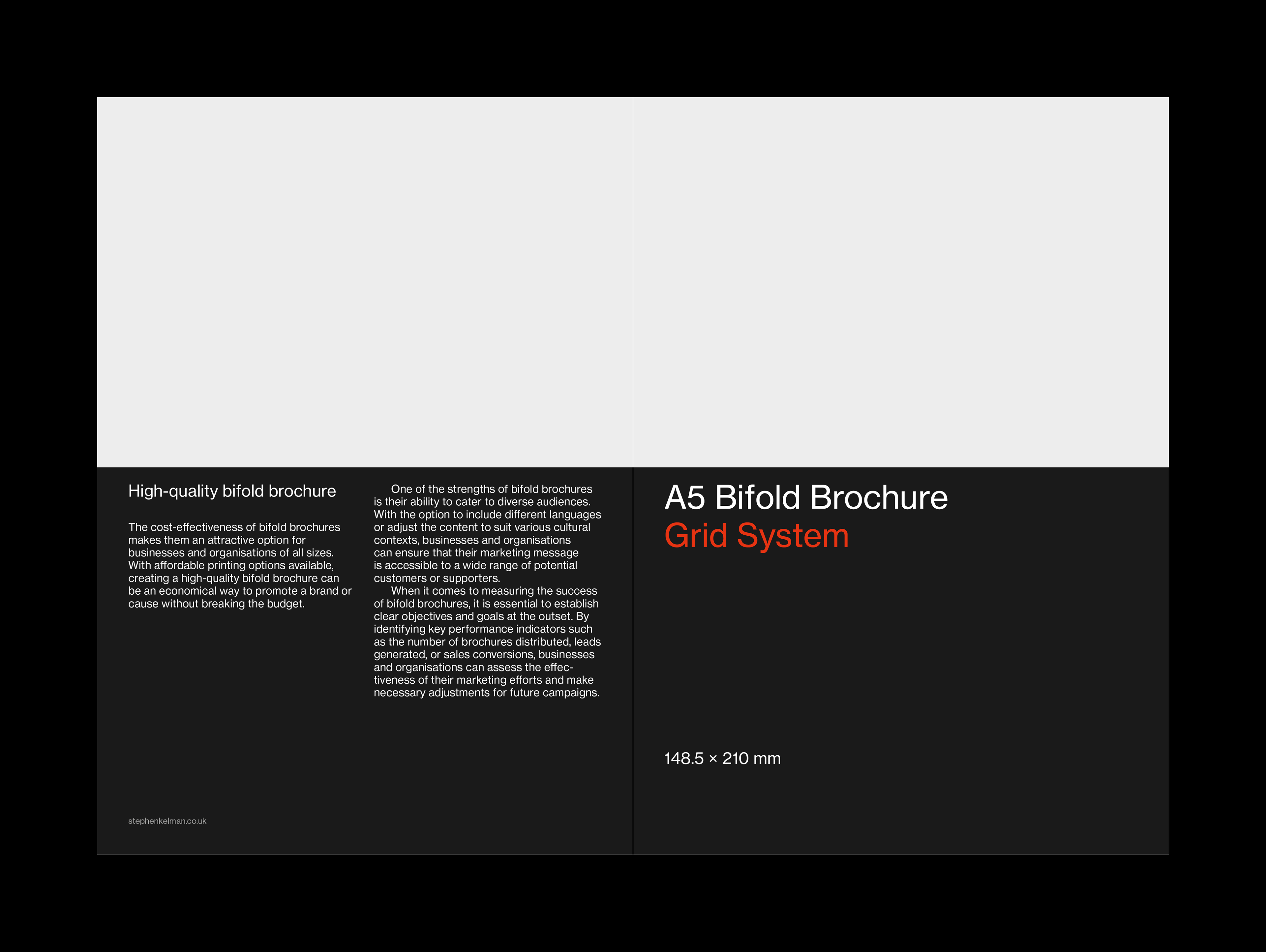 Typography layout design for outside of an A5 bifold brochure template for Adobe InDesign. This example shows left-aligned text on a dark background with one large image