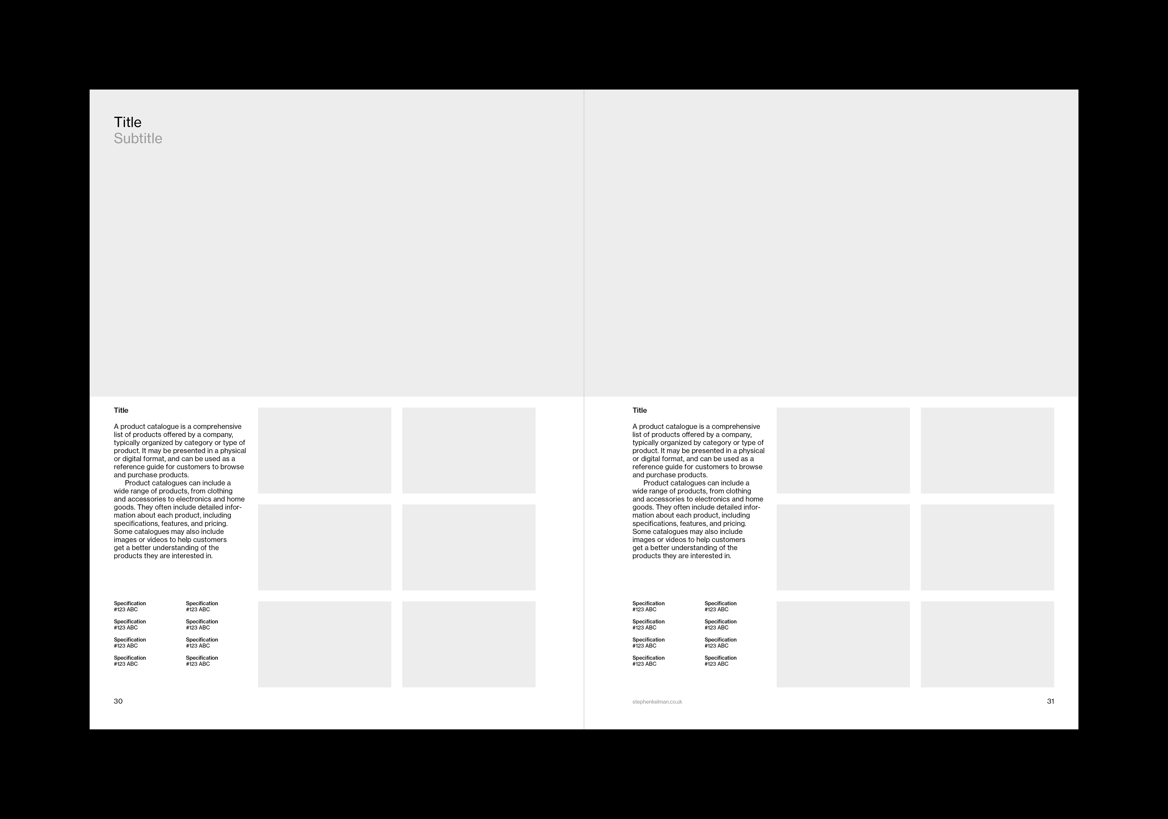Typography layout for a US letter format catalog template designed for Adobe InDesign. Spread features one large image across both pages, with two product listings below