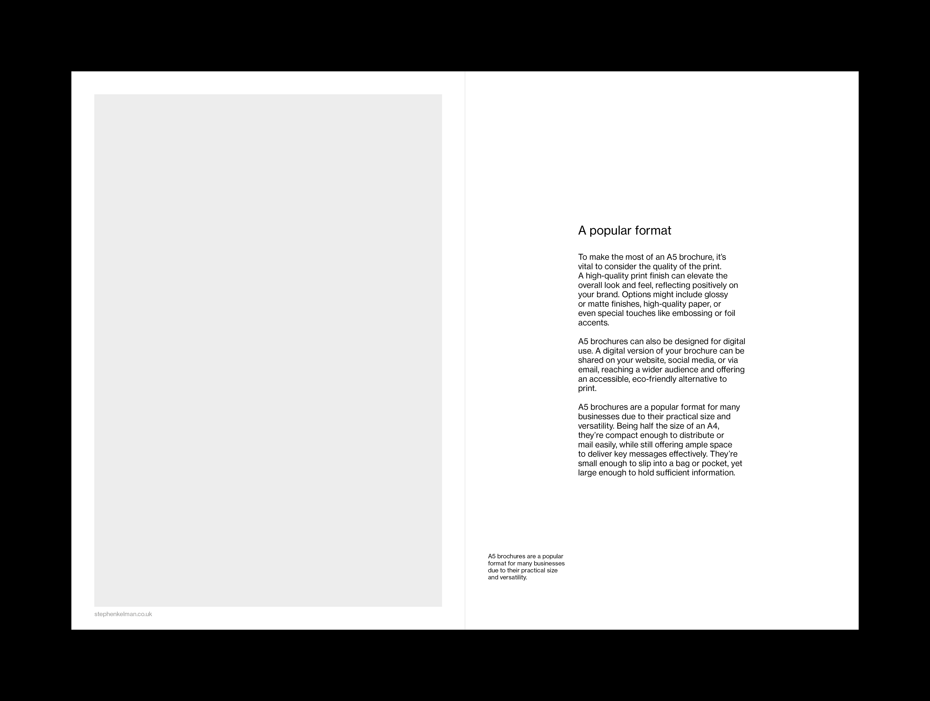 Spread for an A5 brochure template for InDesign. Spread shows large image on the left hand page, with one column of text and a picture caption on the right hand page