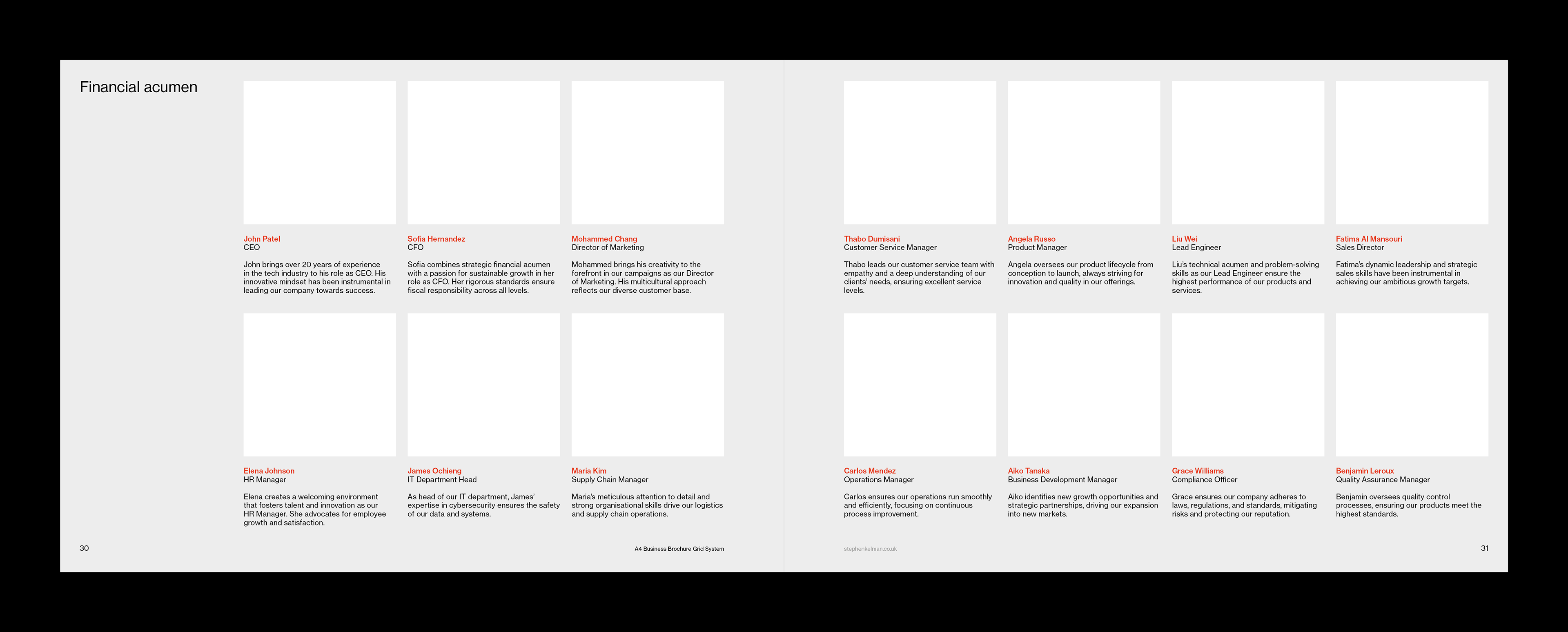 A4 landscape brochure spread design for the personnel page of a corporate report 