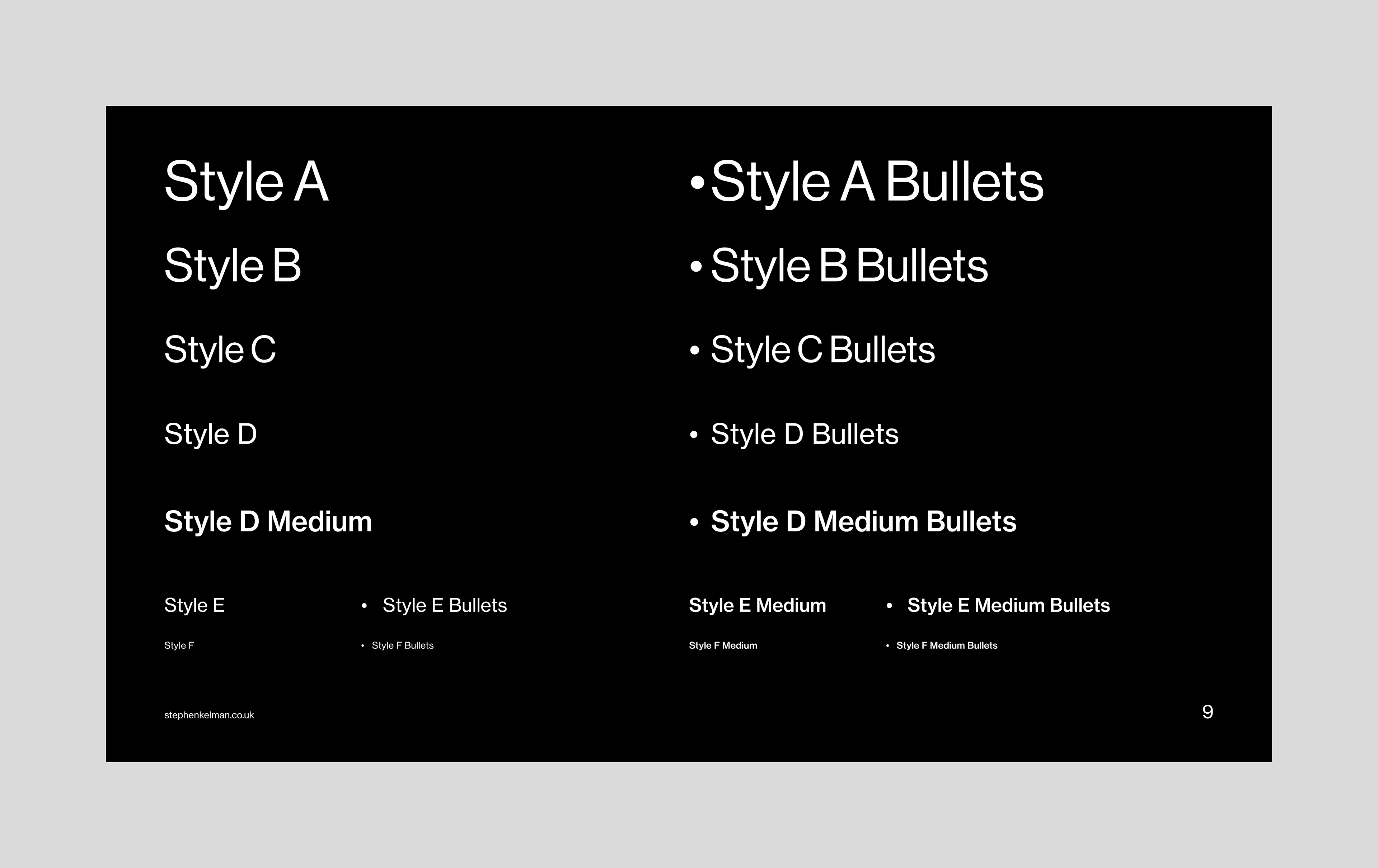 text styles for a slide deck InDesign template. these styles are for white text on a dark background