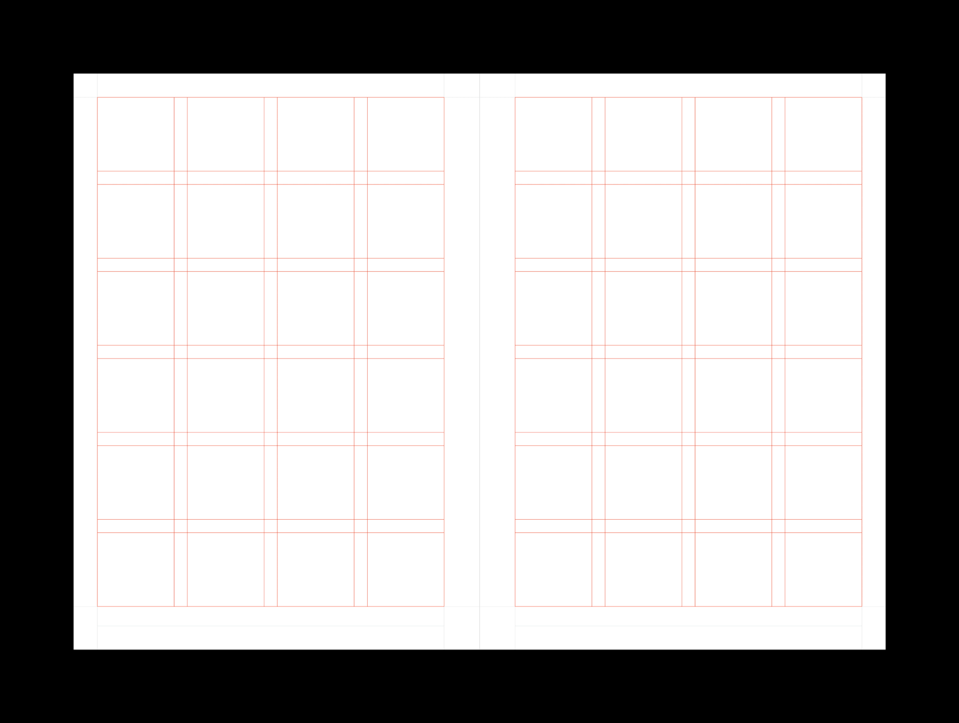 Animation showing the grid system and corresponding layout examples for an A5 Catalogue template for Adobe InDesign