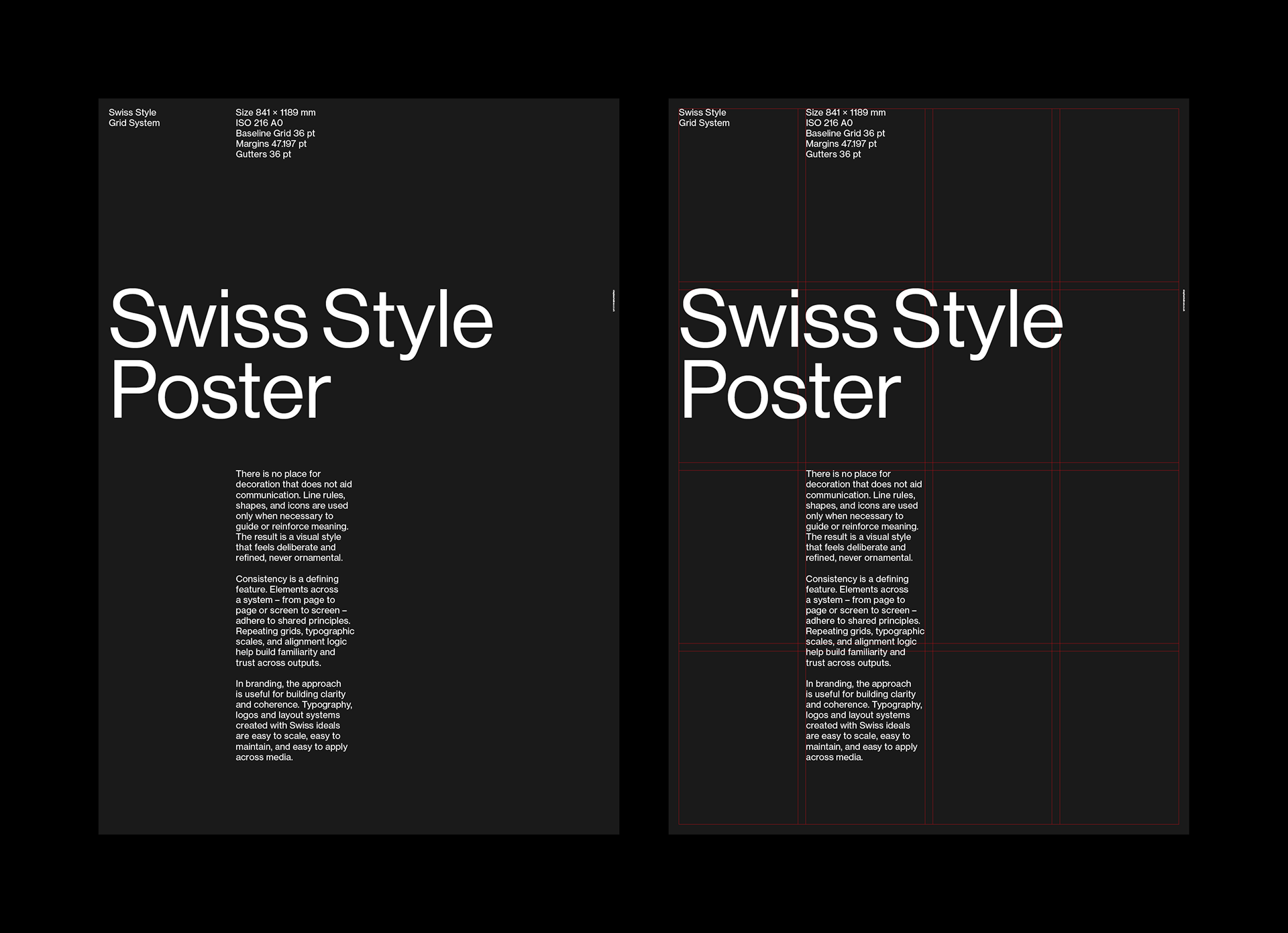 Two dark Swiss Style poster layouts; the left shows clean typography with layout specs, the right shows the same design over a red grid system.