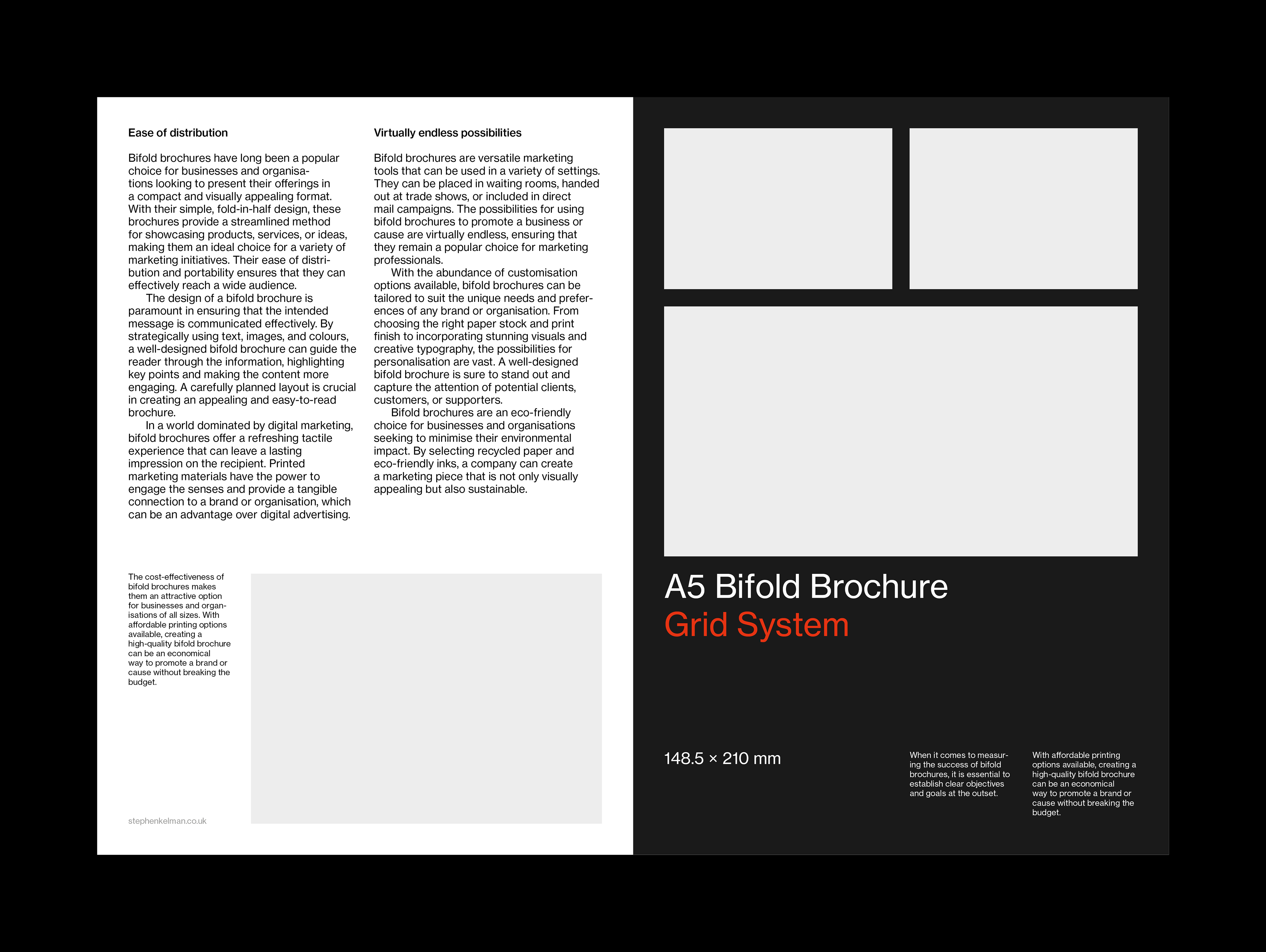 Example layout with Swiss style typography for the outside of an A5 bifold brochure. This example shows a mixture of left-aligned text and images on both light and dark backgrounds