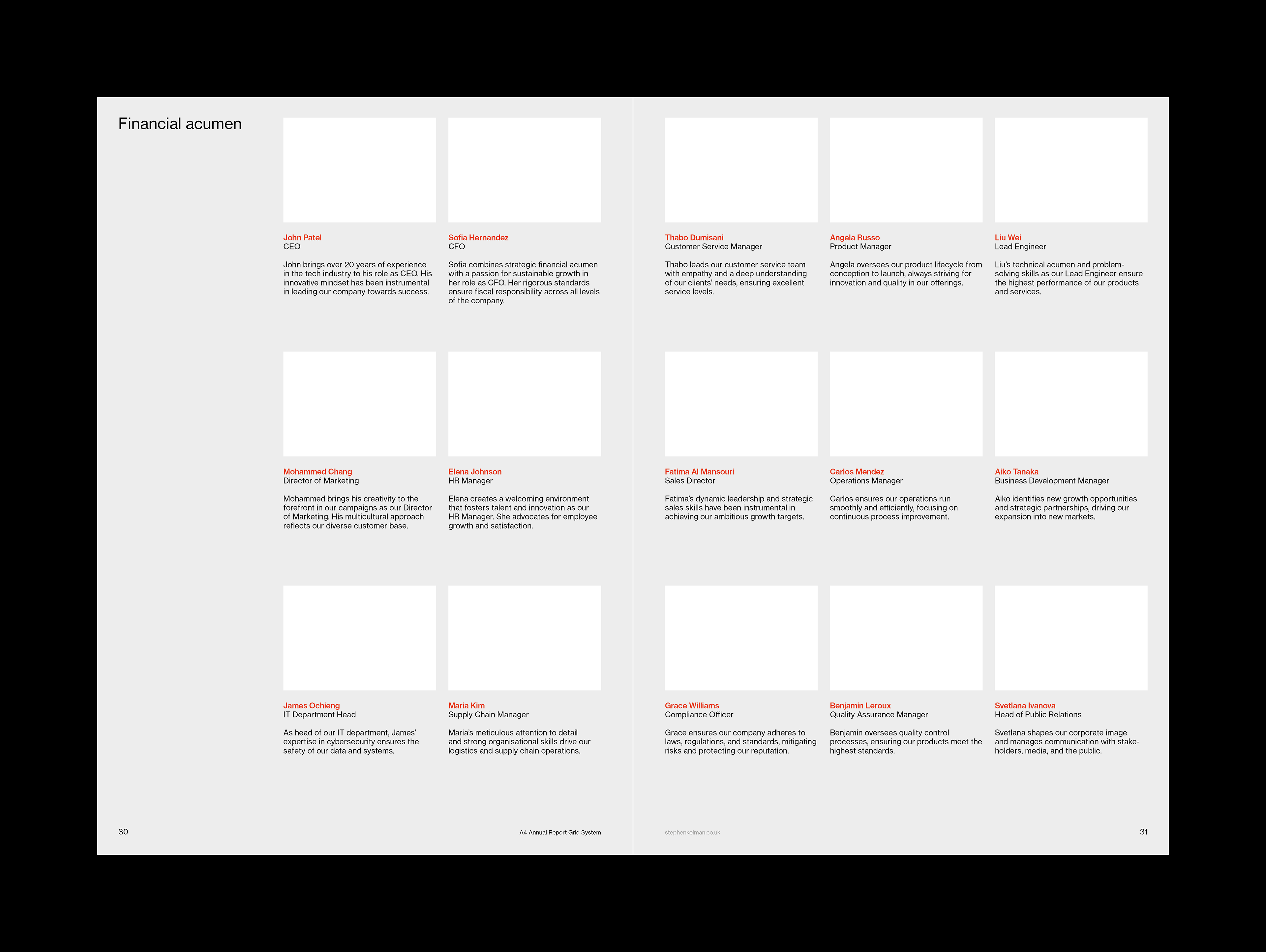 A4 Annual Report Grid System for InDesign | Internal spread design for team member pages