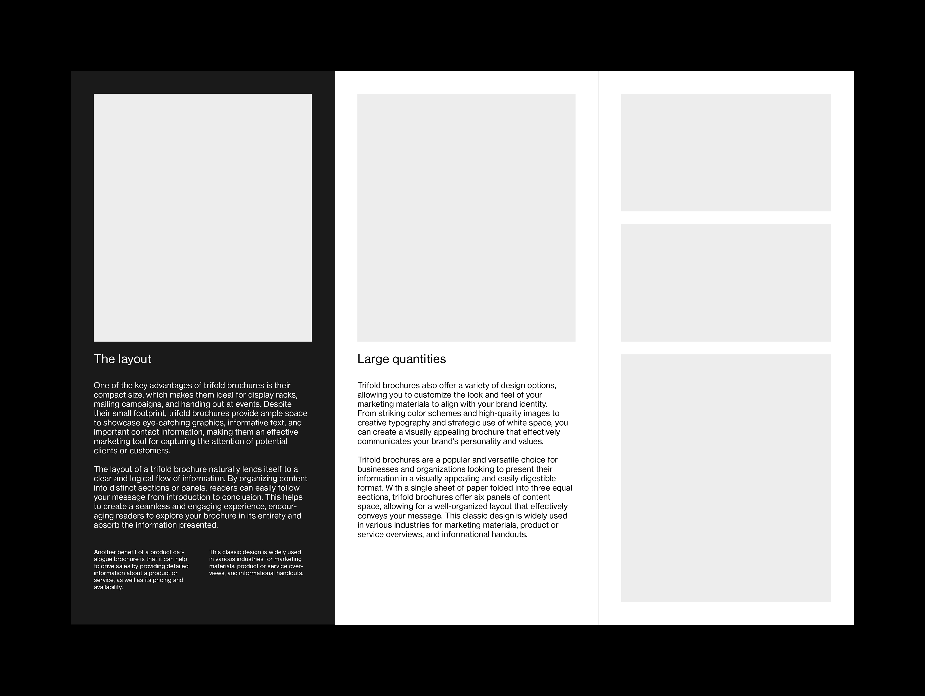Inside layout for a US letter format three-fold Adobe InDesign template. Layout shows one large image and a mix of text on light and dark backgrounds