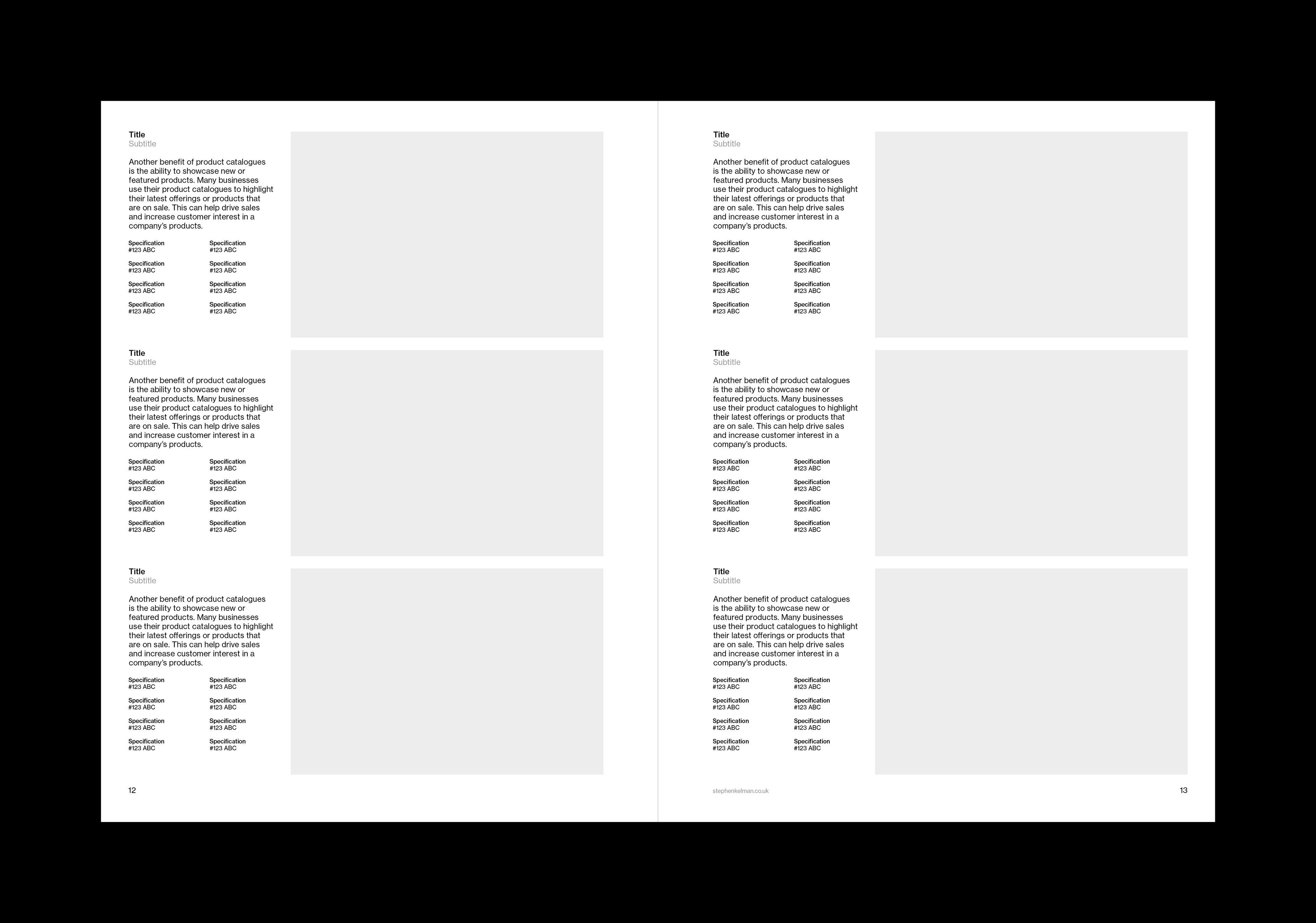 Products spread of a US letter catalog template for Adobe InDesign. Spread features six products with one paragraph of text for each and a large image