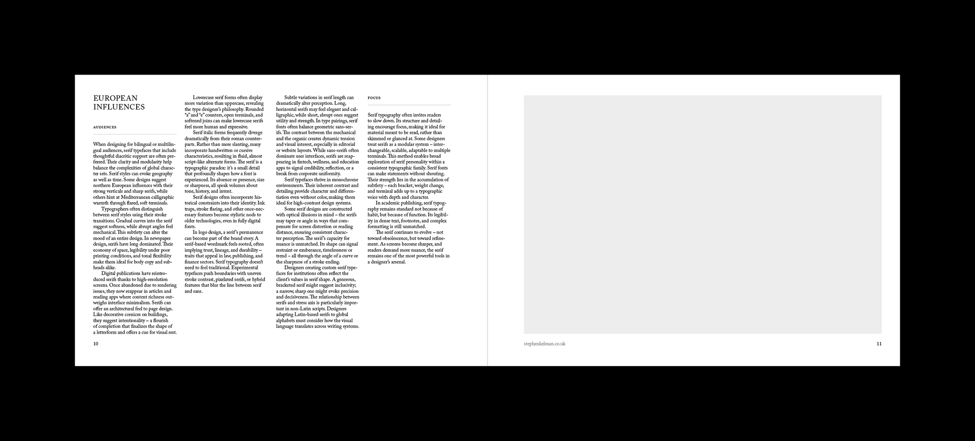 Layout design for an A4 landscape InDesign template. Example shows serif typography and a large image with border