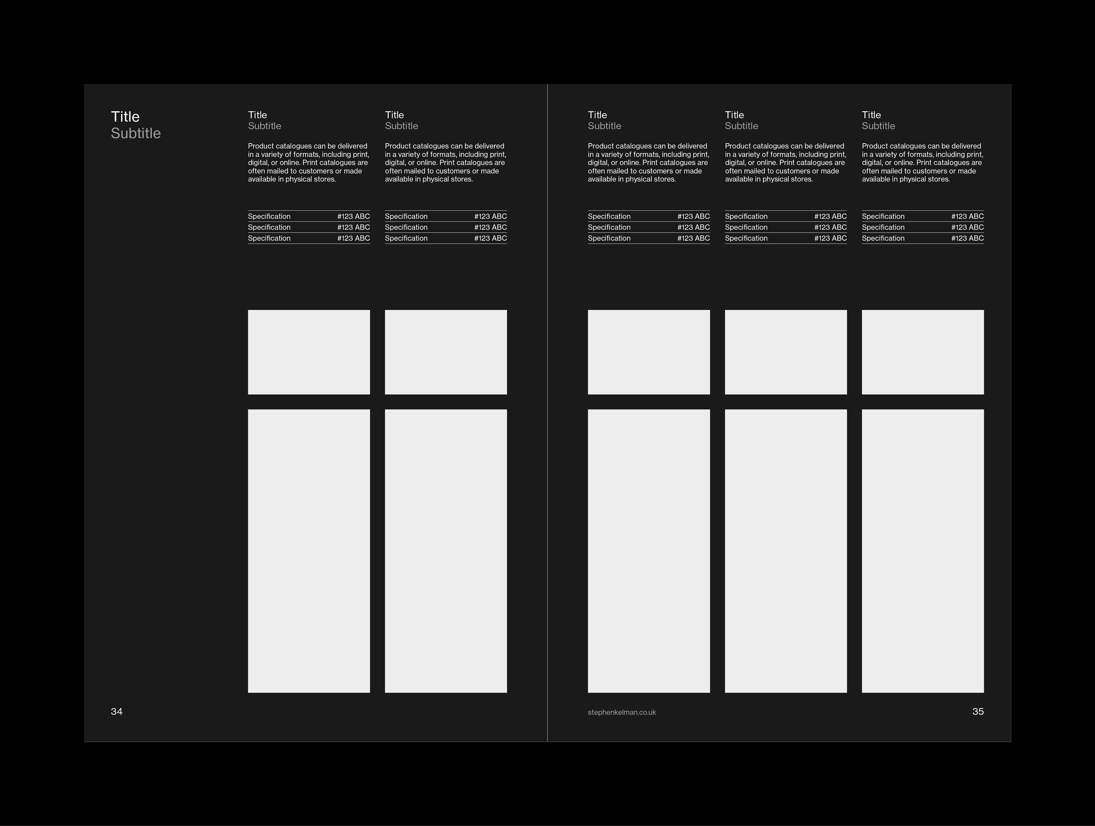 Internal layout example for A5 catalogue grid system and template for Adobe InDesign. This layout shows a mixture of text and images – this example is on a black background