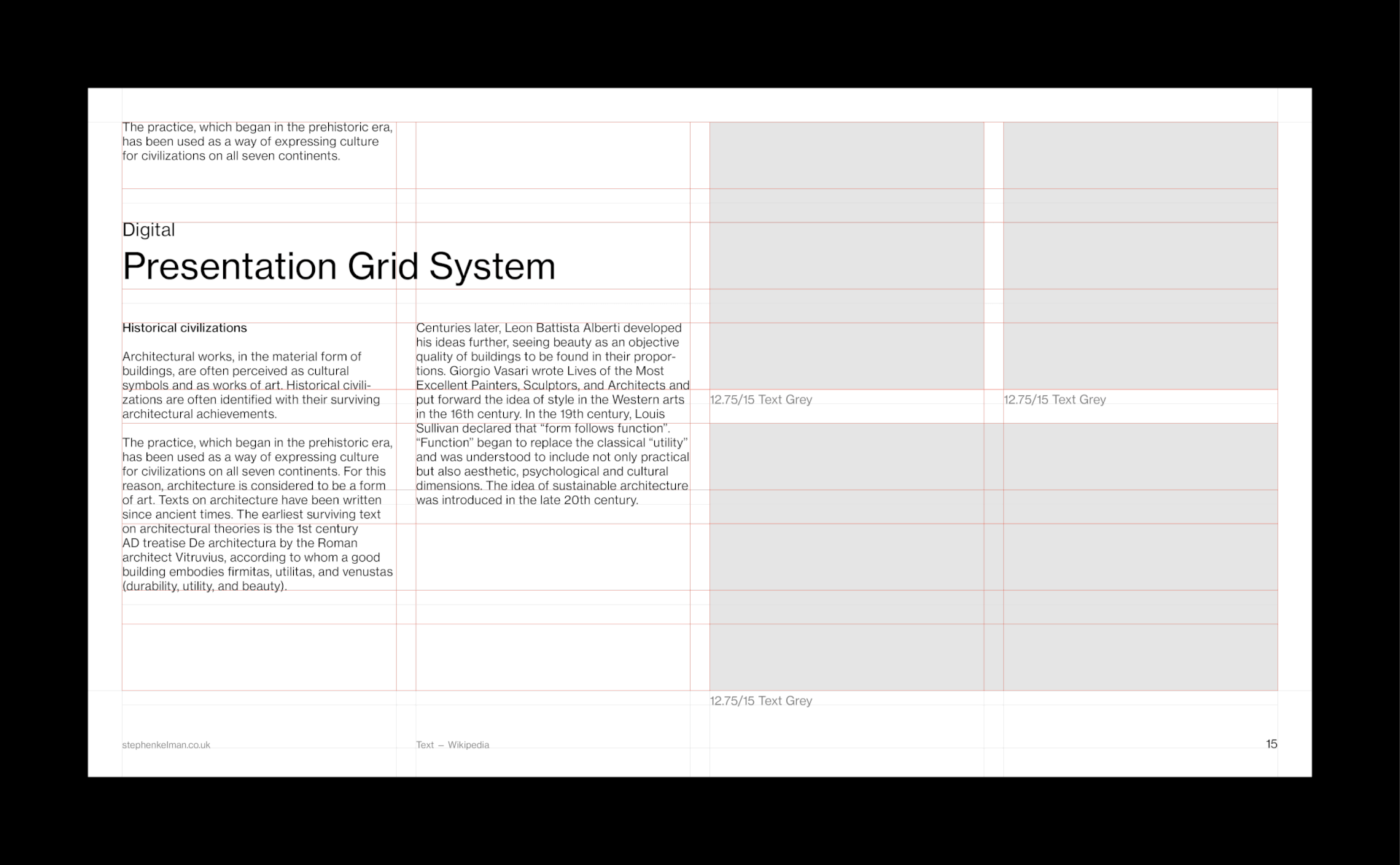 Animation showing grid system and layouts for a 16:9 digital presentation InDesign template