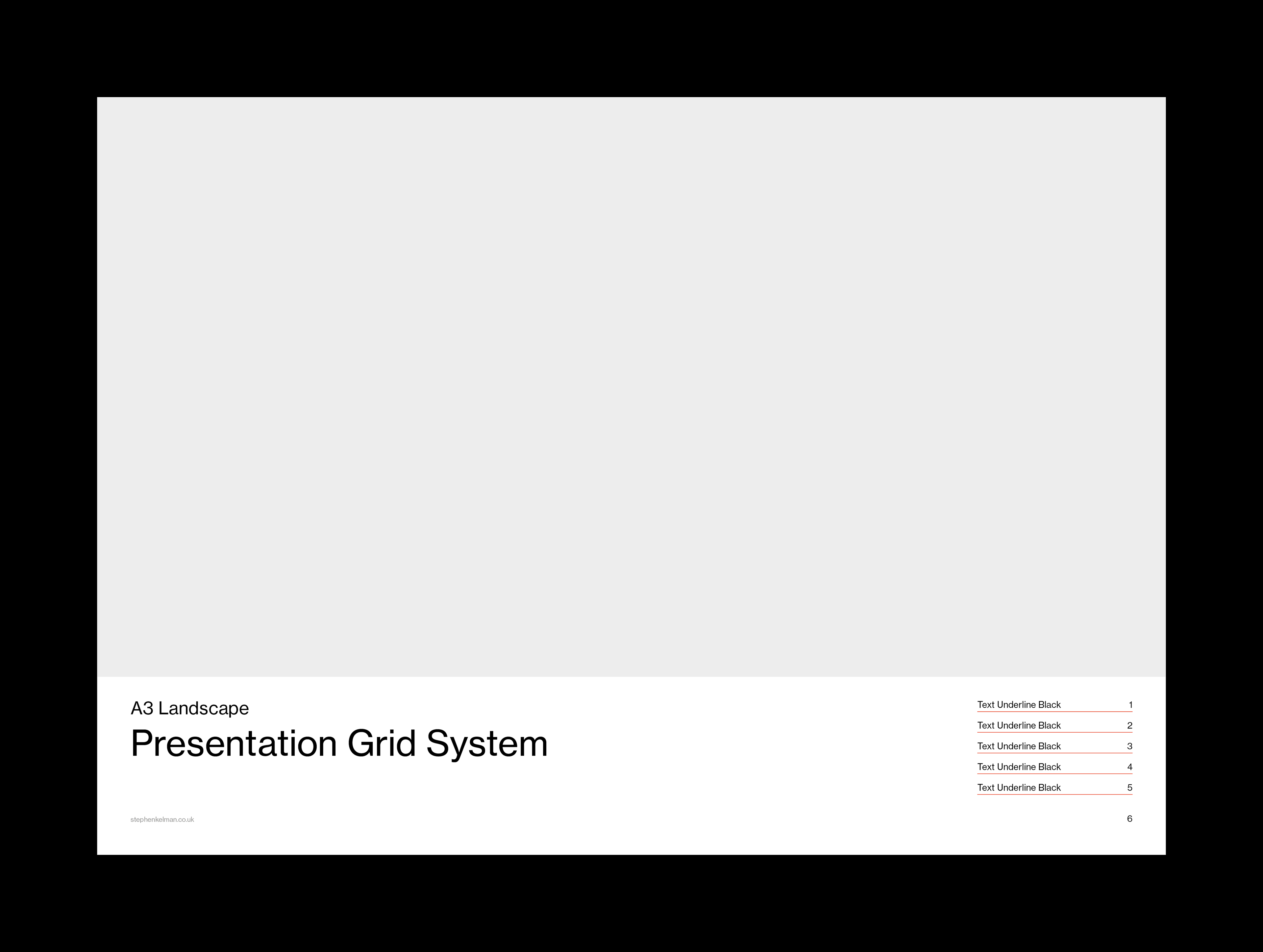 A clean, minimalist design showing a blank layout with a title “A3 Landscape Presentation Grid System” in large bold text at the bottom left. The page contains empty space above, providing room for a presentation layout. At the bottom right, there are five items labeled “Text Underline Black,” each with corresponding numbers from 1 to 5. This design showcases a blank grid system for presentations with a professional and sleek appearance, suitable for various creative design fields.