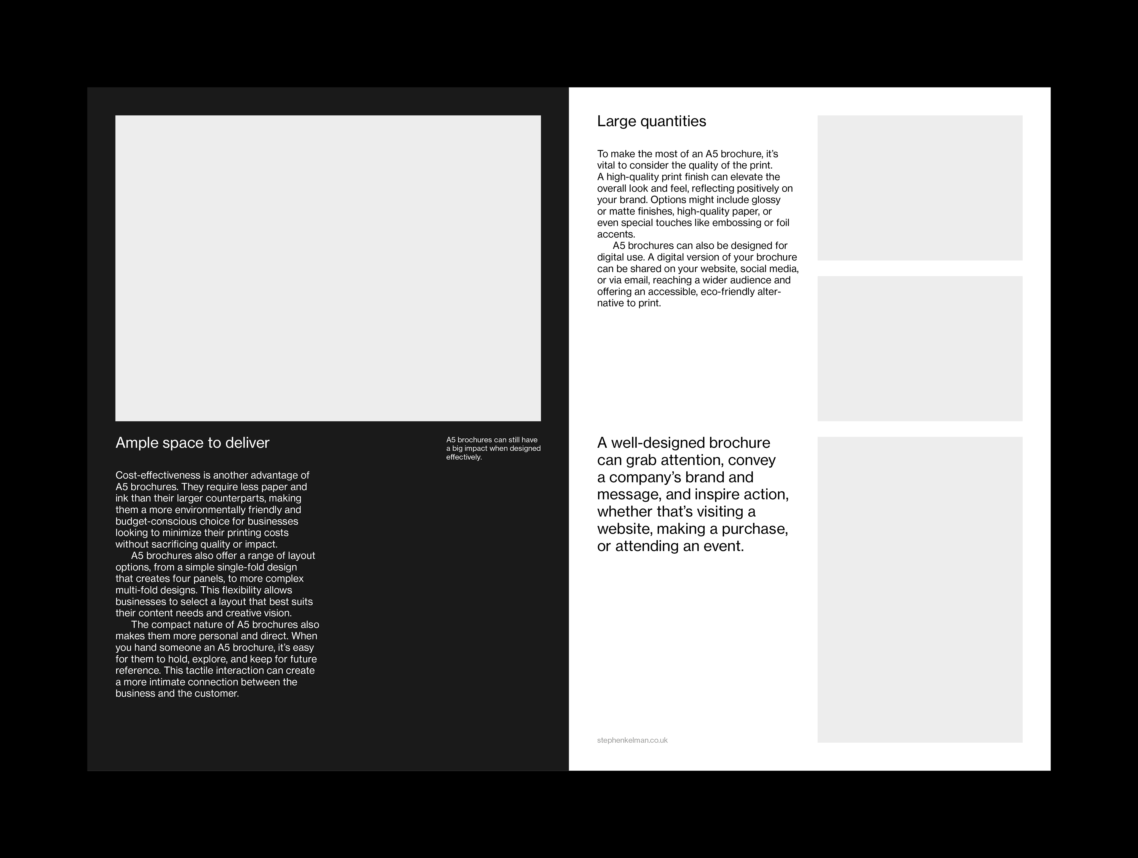 Spread layout design for an A5 InDesign template. This example shows a dark page on the left and a light page on the right. Both pages have a mix of text and images in a Swiss typography style