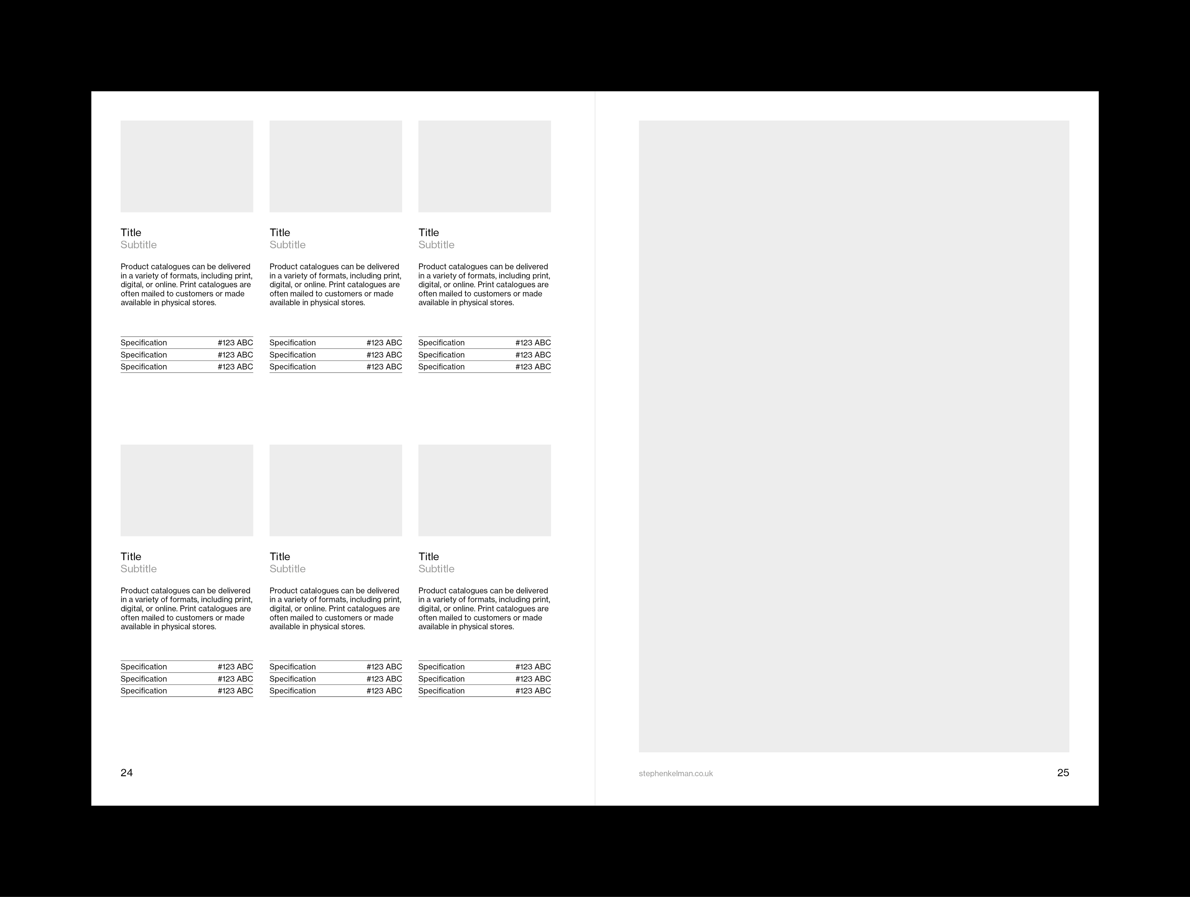 Internal layout example for A5 catalogue grid system and template for Adobe InDesign. This layout shows a mixture of text and images – with a large image on the right hand page
