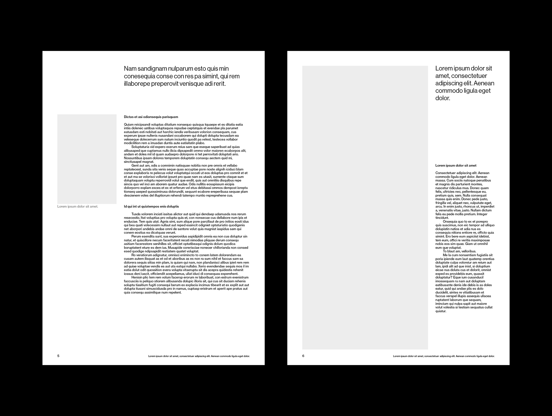 Layout designs for an A4 white paper template. Layouts show header copy, images and left-aligned text