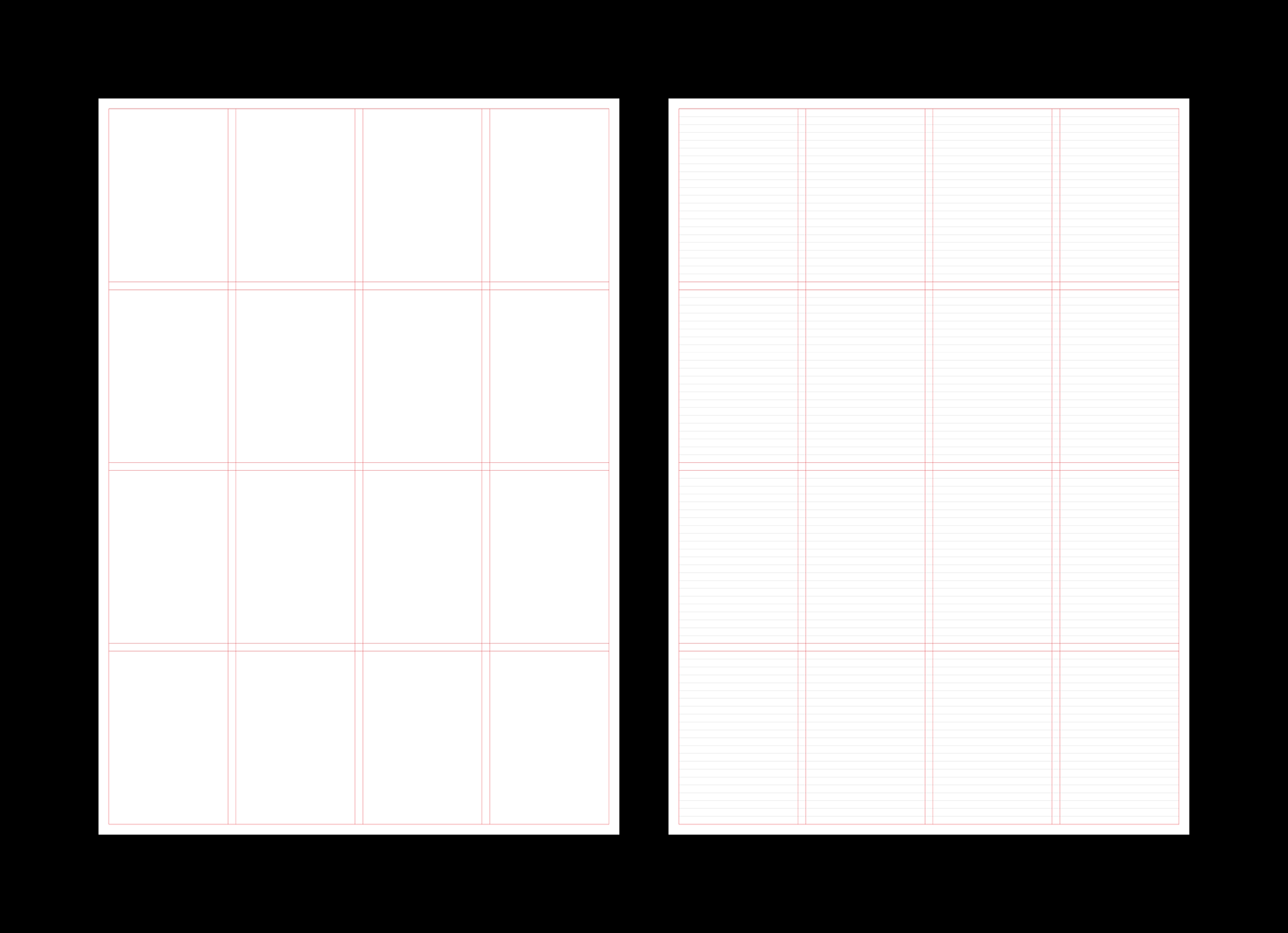 Two grid layout templates side by side; the left shows vertical and horizontal column guides, the right adds fine baseline grid lines.