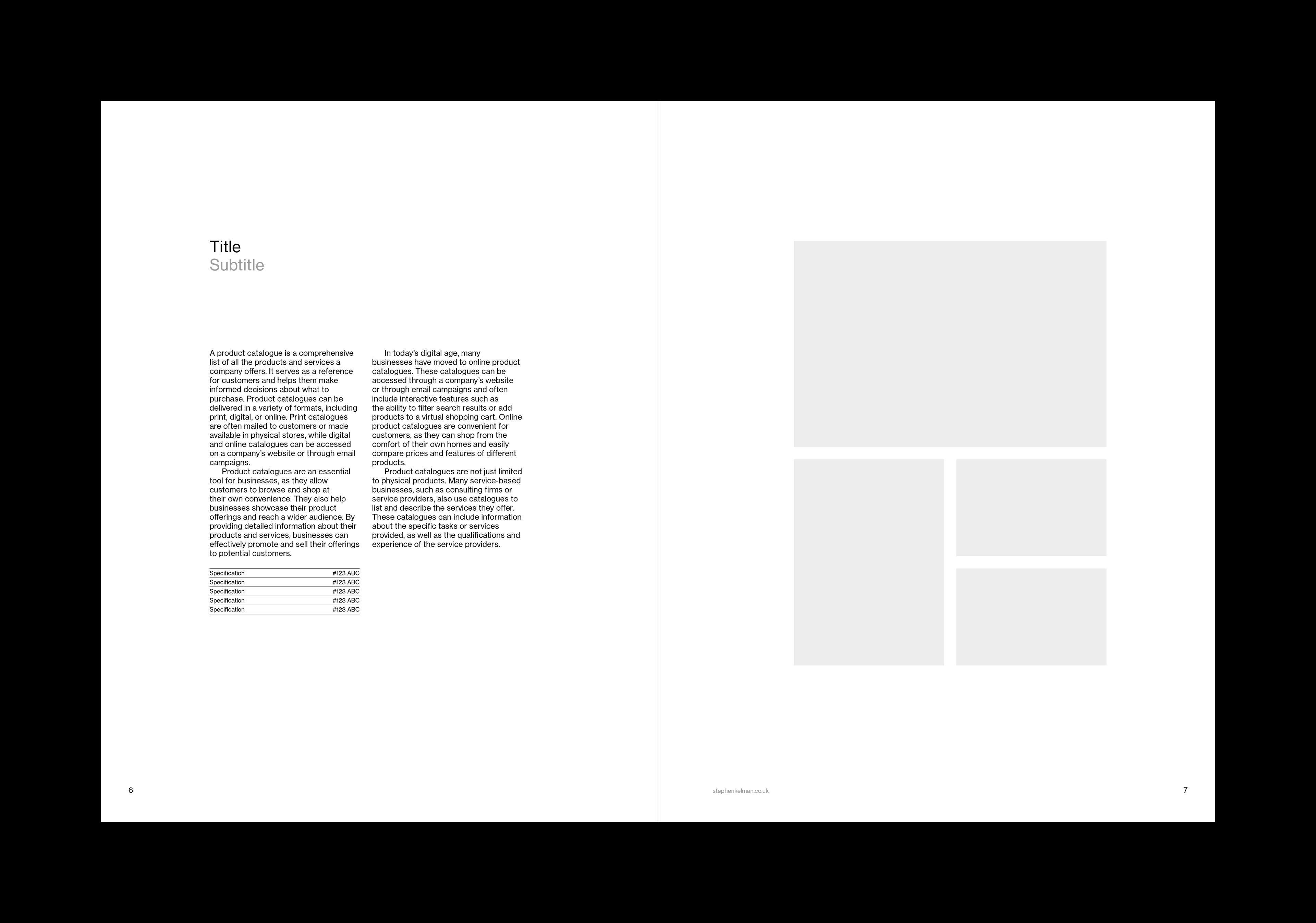 Interior spread of US letter format catalog template for InDesign. Spread features very large margins and text and images at a variety of sizes