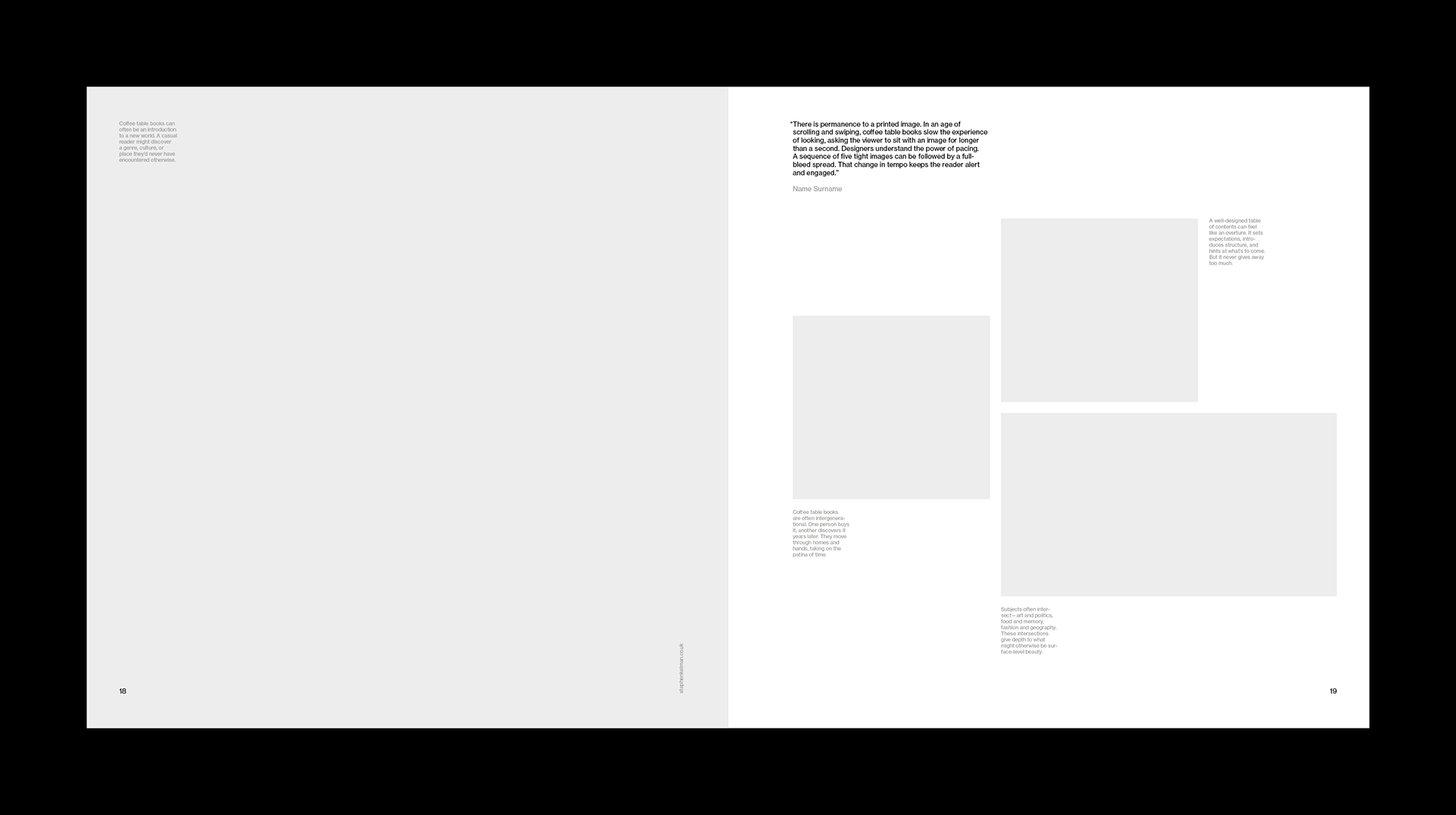 White book spread with a full-page image placeholder on the left and a column of three smaller image placeholders on the right, interspersed with short captions and a quote.