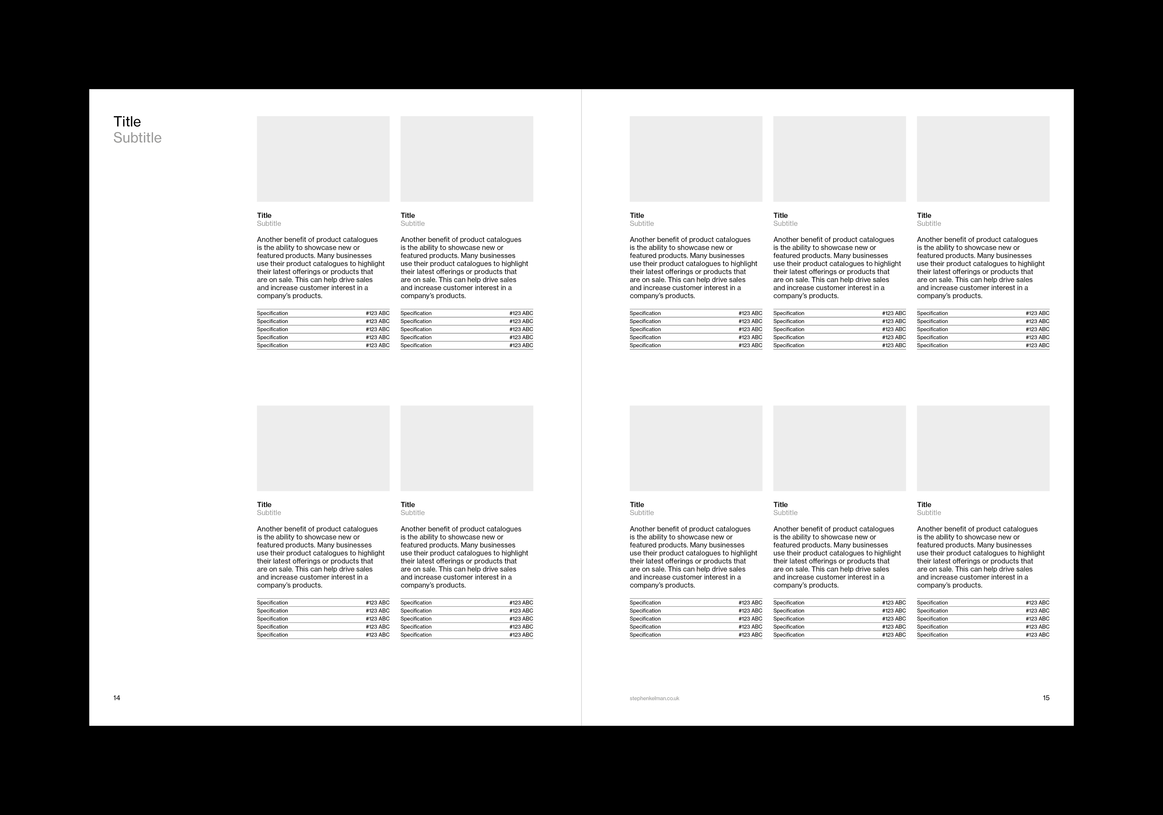 Products spread of a US letter catalog template for Adobe InDesign. Spread features ten products with one paragraph of text for each and a thumbnail-type image