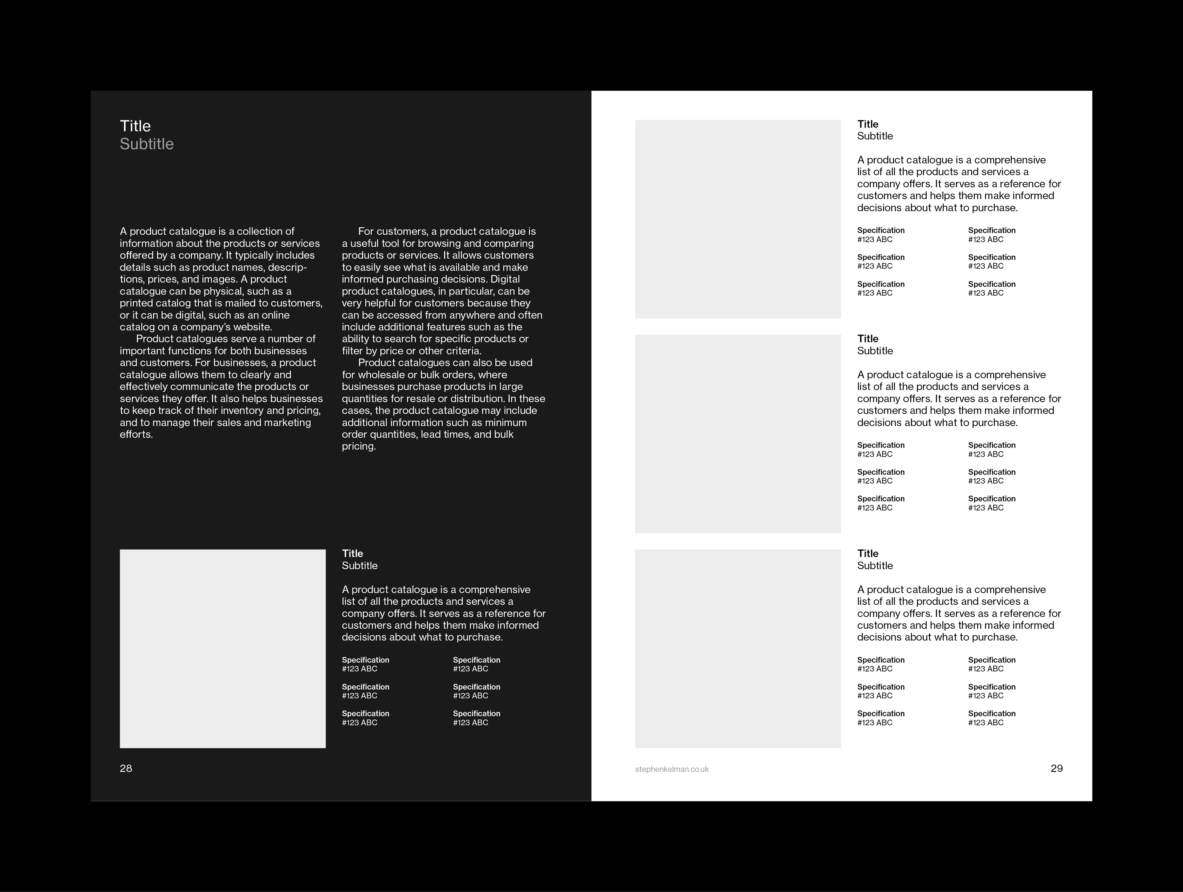 Internal layout example for A5 catalogue grid system and template for Adobe InDesign. This layout shows a mixture of text and images – this example includes both white and black backgrounds