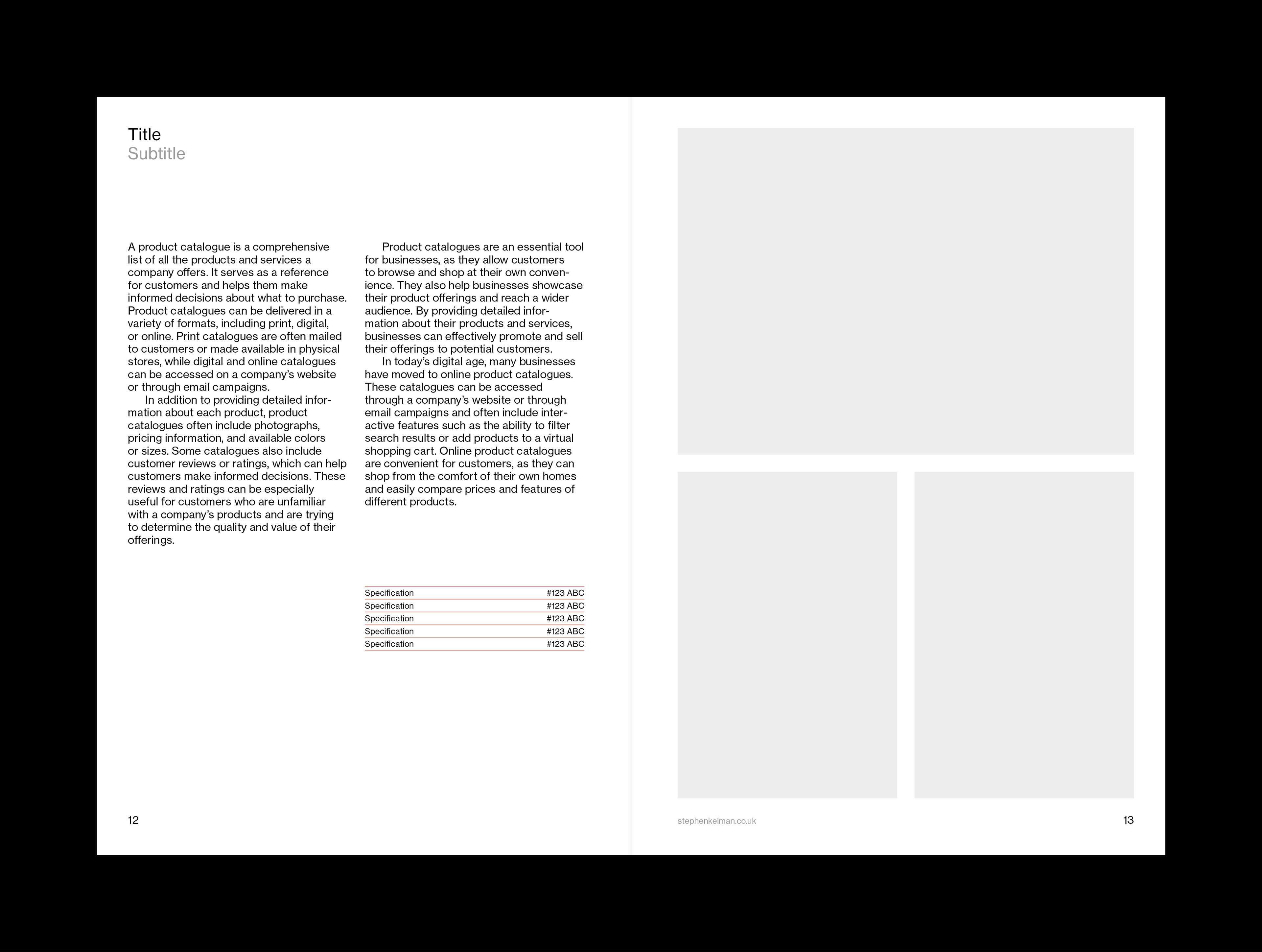 Spread example for A5 catalogue grid system for Adobe InDesign. This example shows simple, left aligned text and a photo grid on the right hand spread