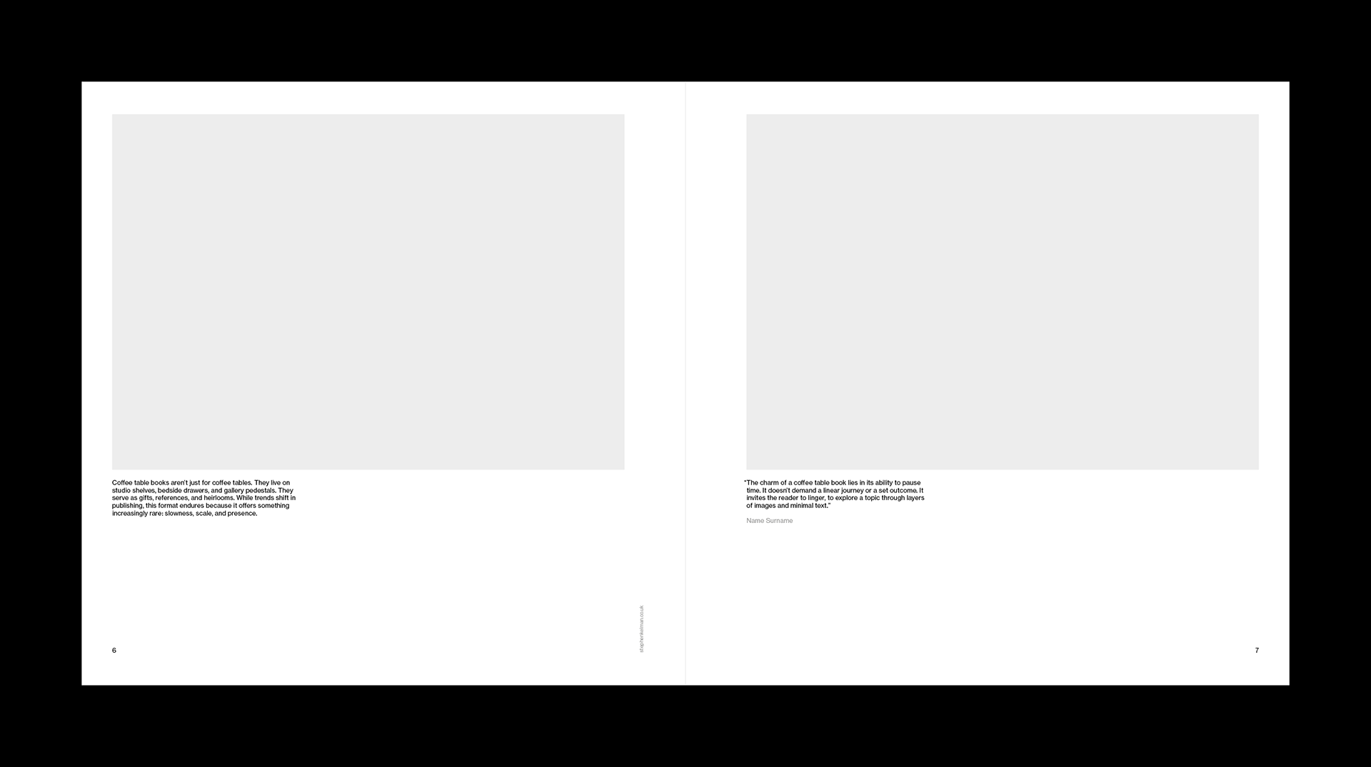 White minimalist magazine spread with two large image placeholders and small captions beneath each.
