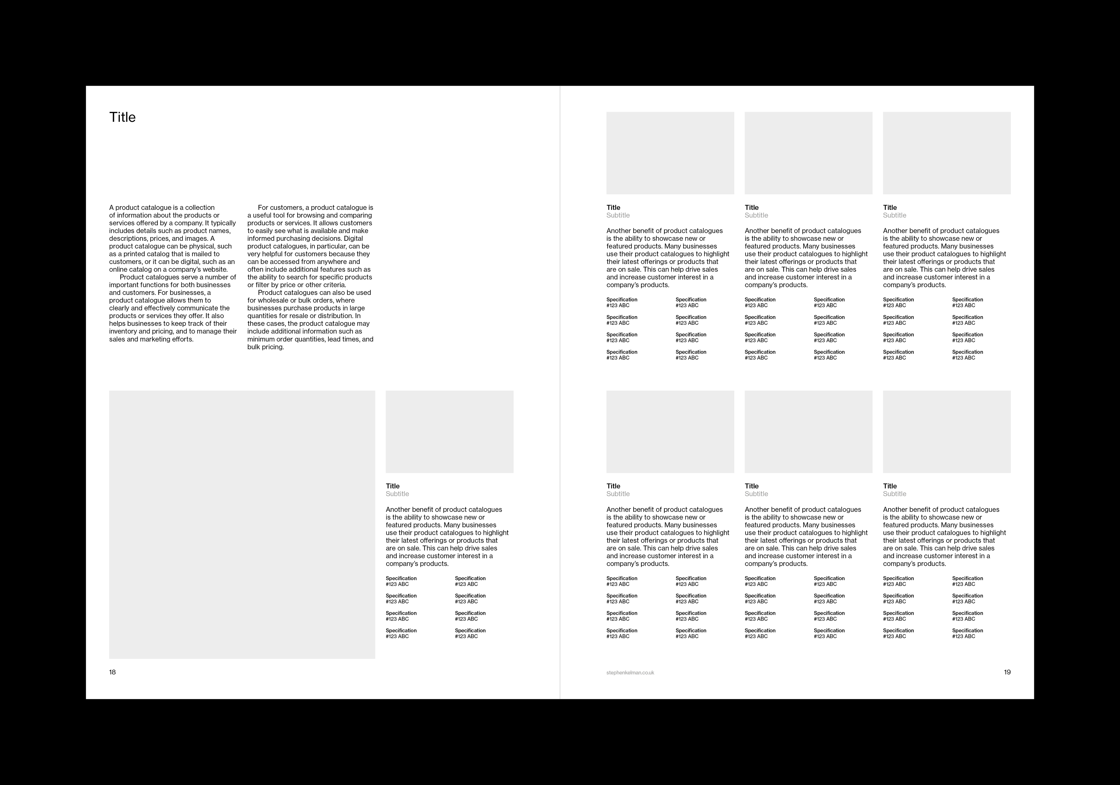Interior spread typographic layout for a US letter format catalogue InDesign template. The left-hand page has some introductory copy and one product. The right-hand page as six products, descriptor copy, details and an image for each listing