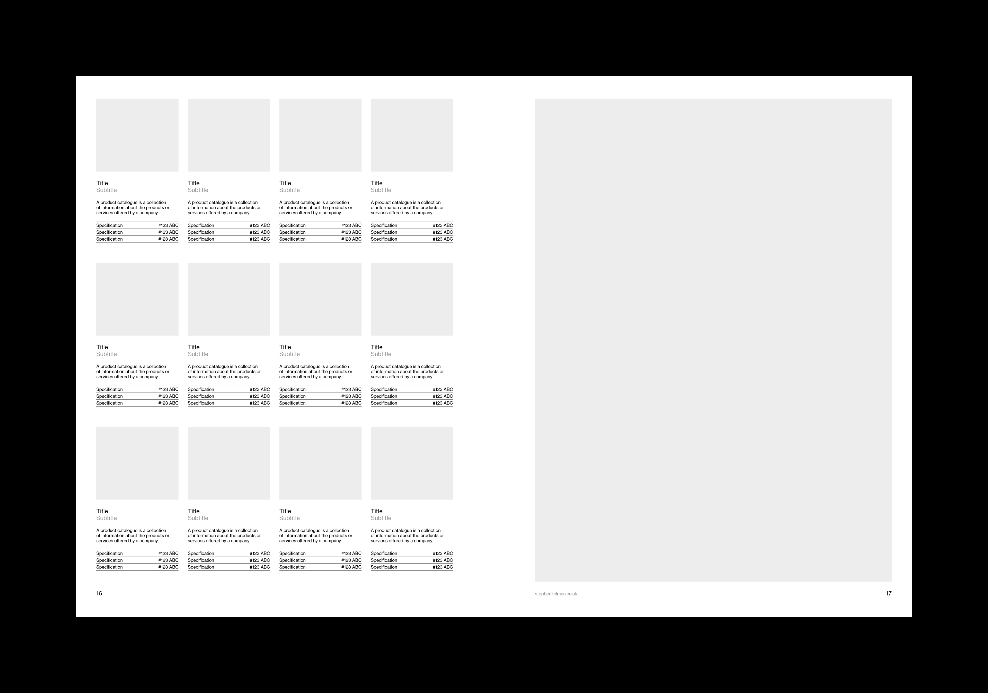Products spread of a US letter catalog template for Adobe InDesign. Spread features 12 products with one paragraph of text for each and a thumbnail-type image. The right-hand page has a large image with border