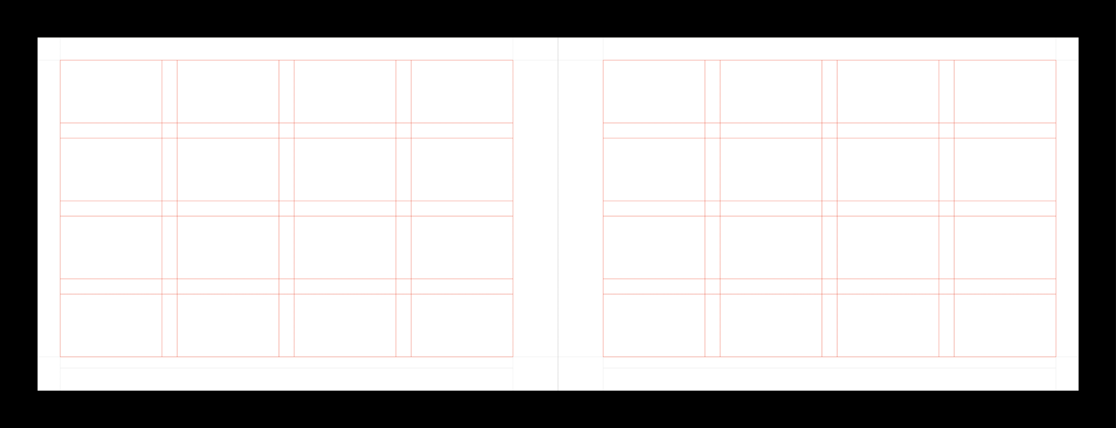 Two-page grid system template with equal divisions for luxury watch manual layout structure