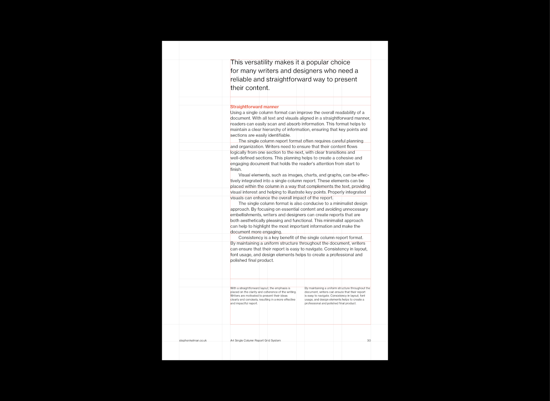 Animated demonstration of a single-column report layout showing how grid lines and consistent spacing improve readability and structure.