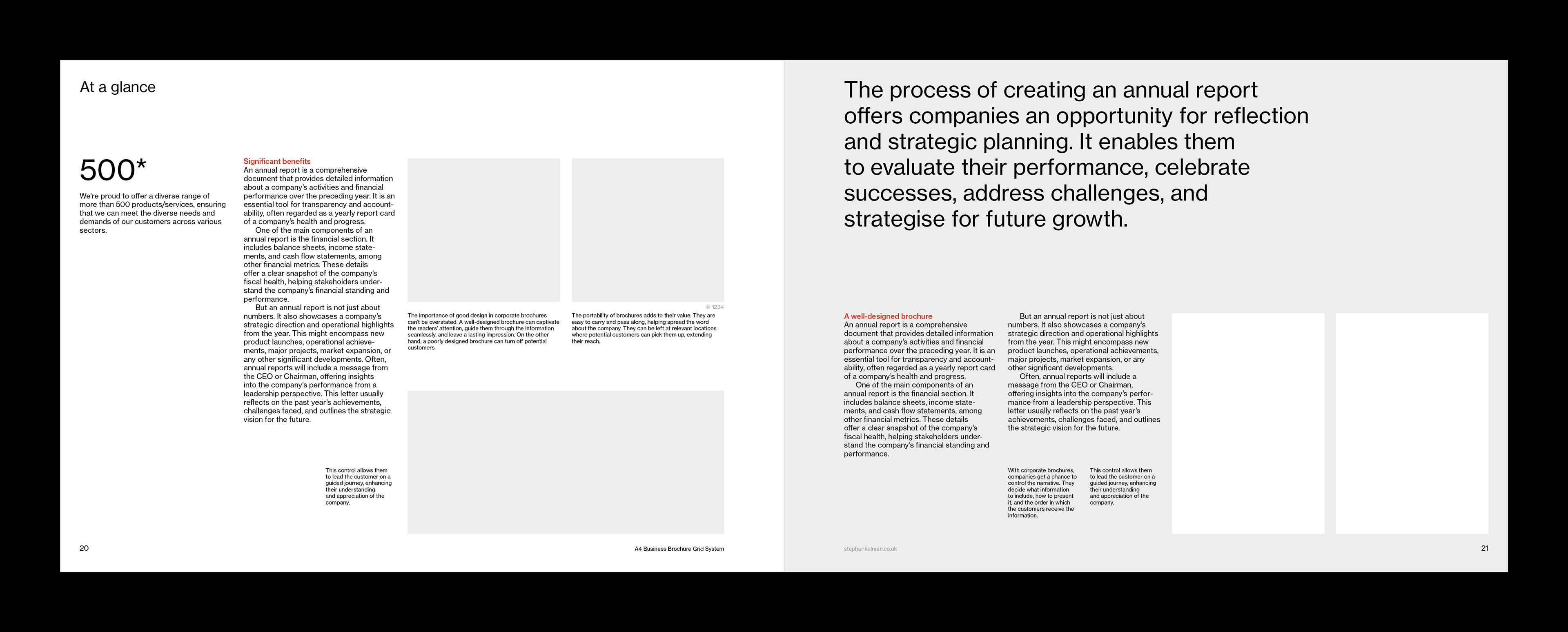Spread layout for an A4 landscape grid system template for Adobe InDesign. This asymmetric layout features a mix of text and images of different size.
