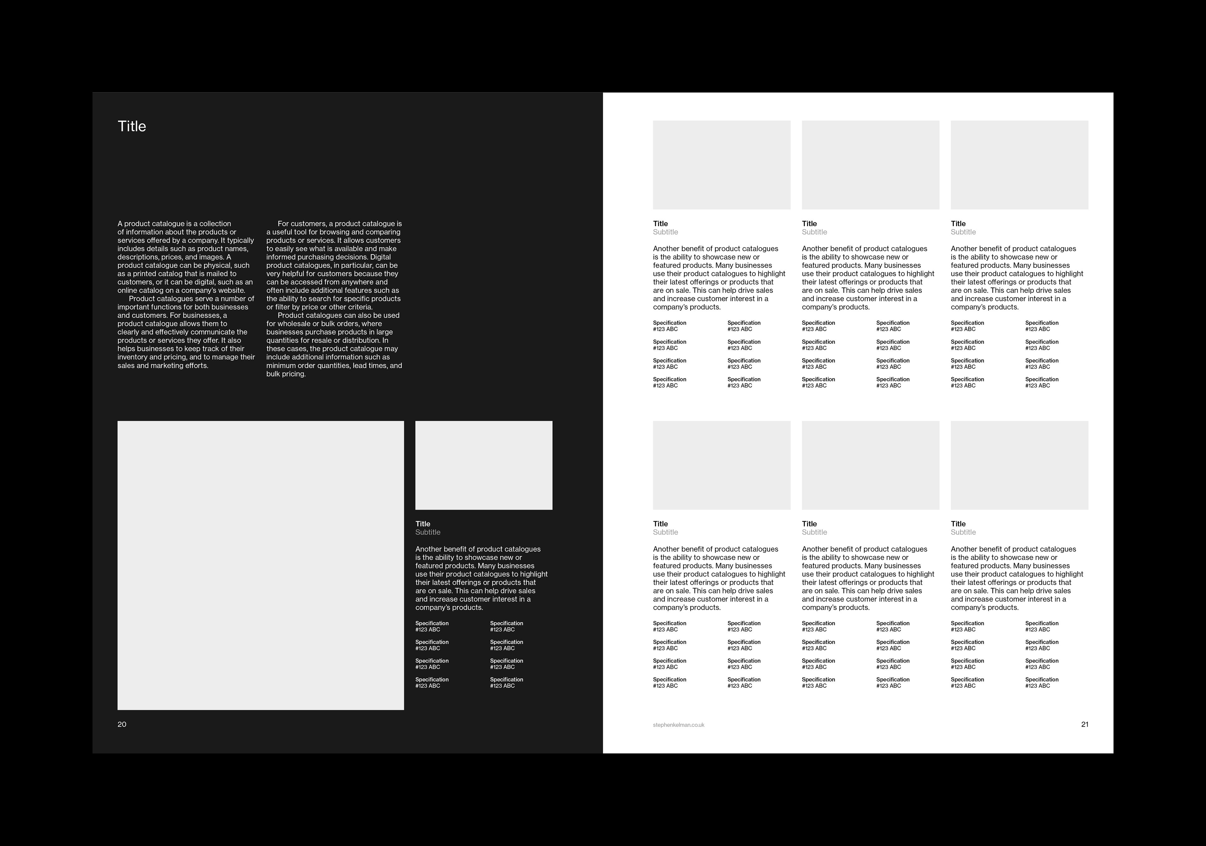 Interior products page for a US letter format catalog template for Adobe InDesign. The spread features product listings on both light and dark backgrounds