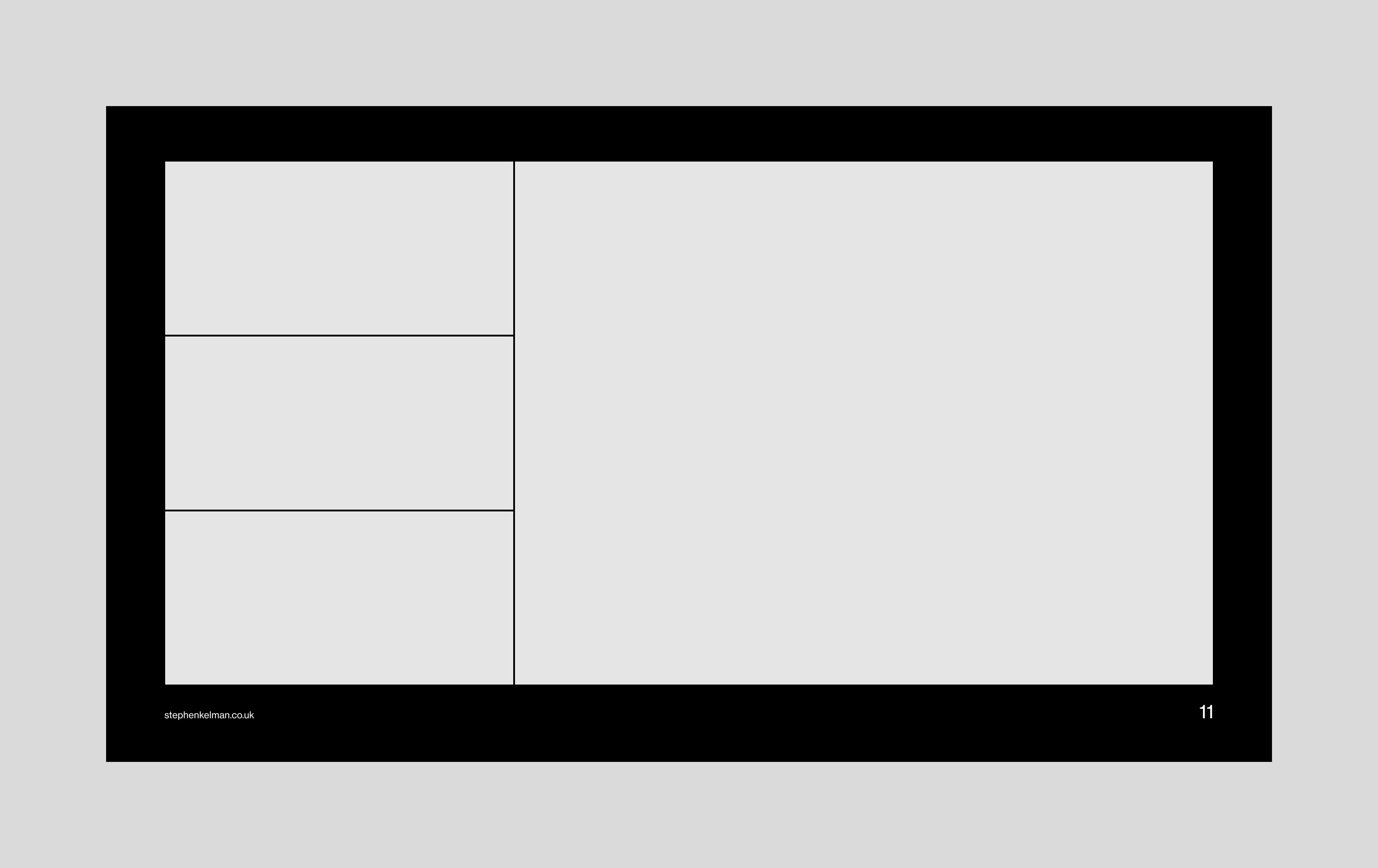 Photography page example for a 16:9 slide deck InDesign template. Four images are shown – one large and three small