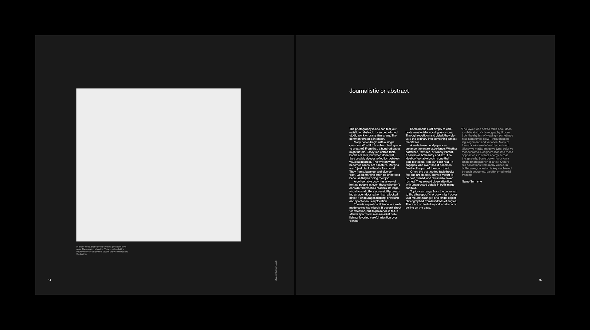 Dark editorial spread with a large image placeholder on the left and a three-column text layout on the right under the heading ‘Journalistic or abstract’.