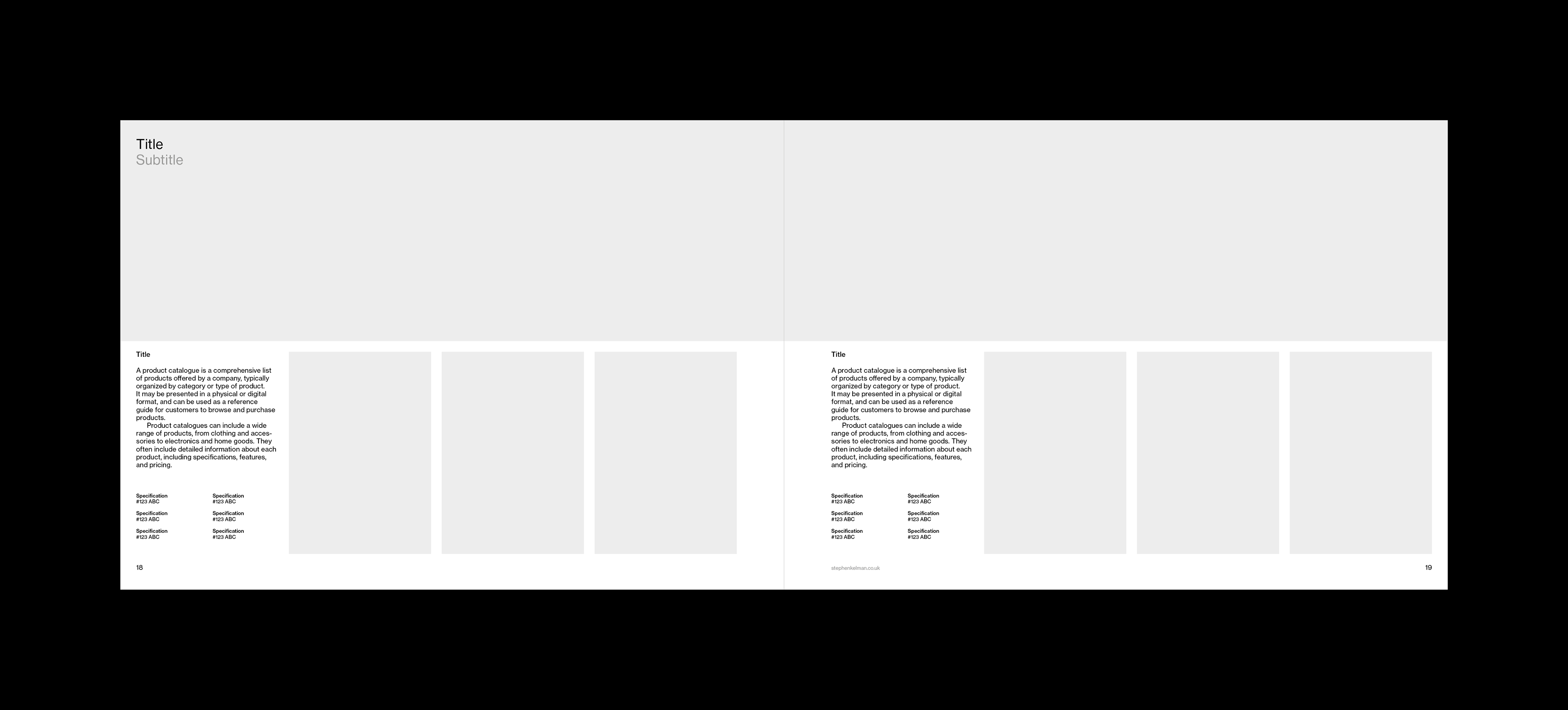 Interior spread for an A4 landscape grid system for InDesign. The grid system had been designed for product catalogues in landscape format. The spread features a large area for image at the top with product details below