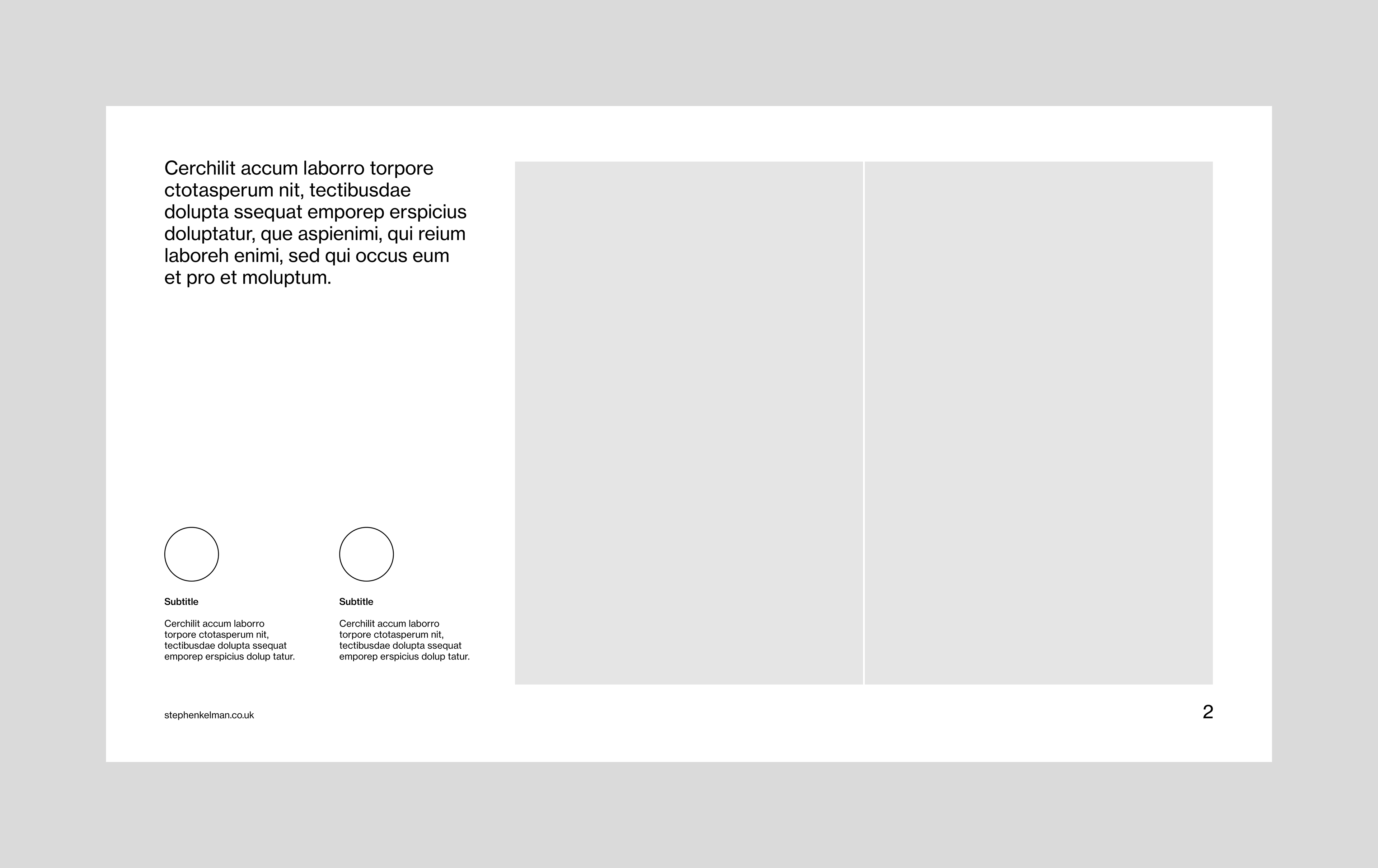 Content page for a 16:9 digital presentation InDesign template. Design features two large images, one paragraph of header copy and two supporting paragraphs 