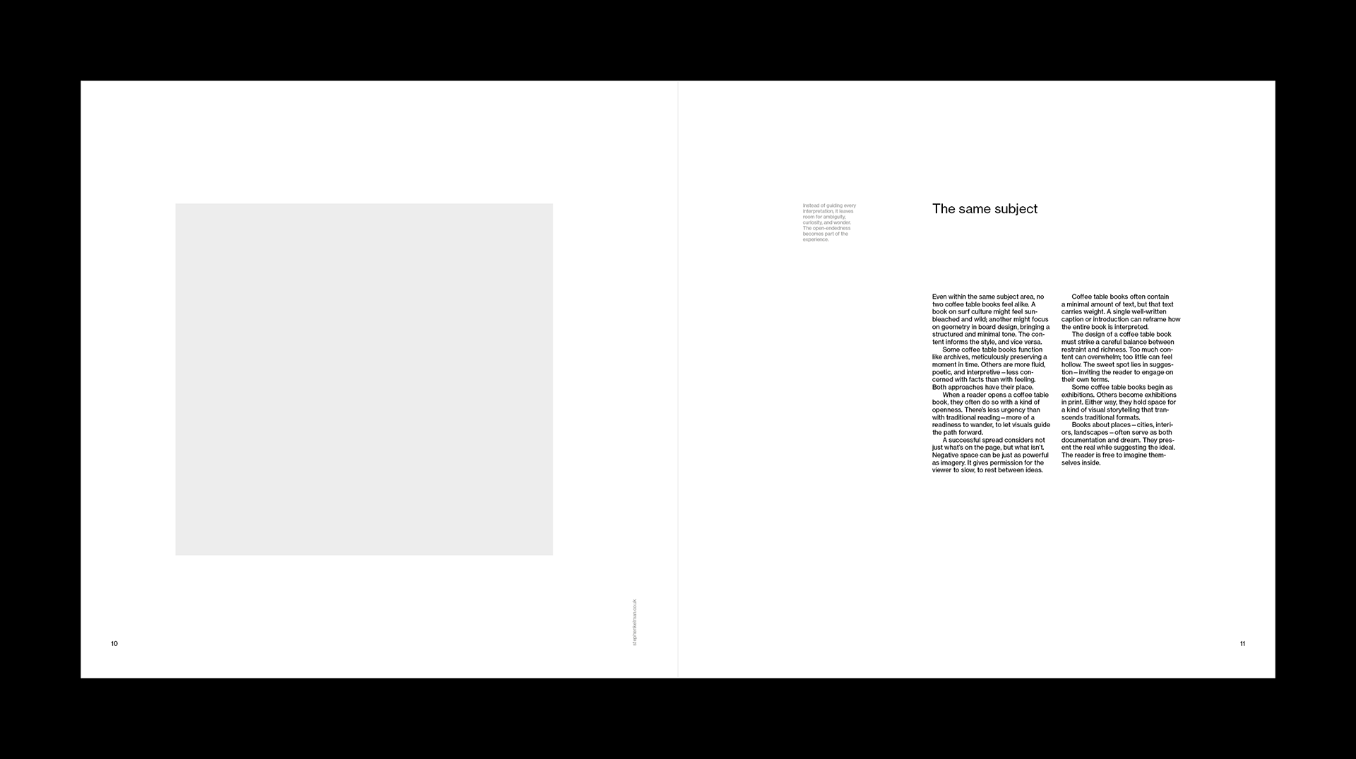 White magazine spread with large image placeholder on the left and multi-column text layout on the right, titled ‘The same subject’.