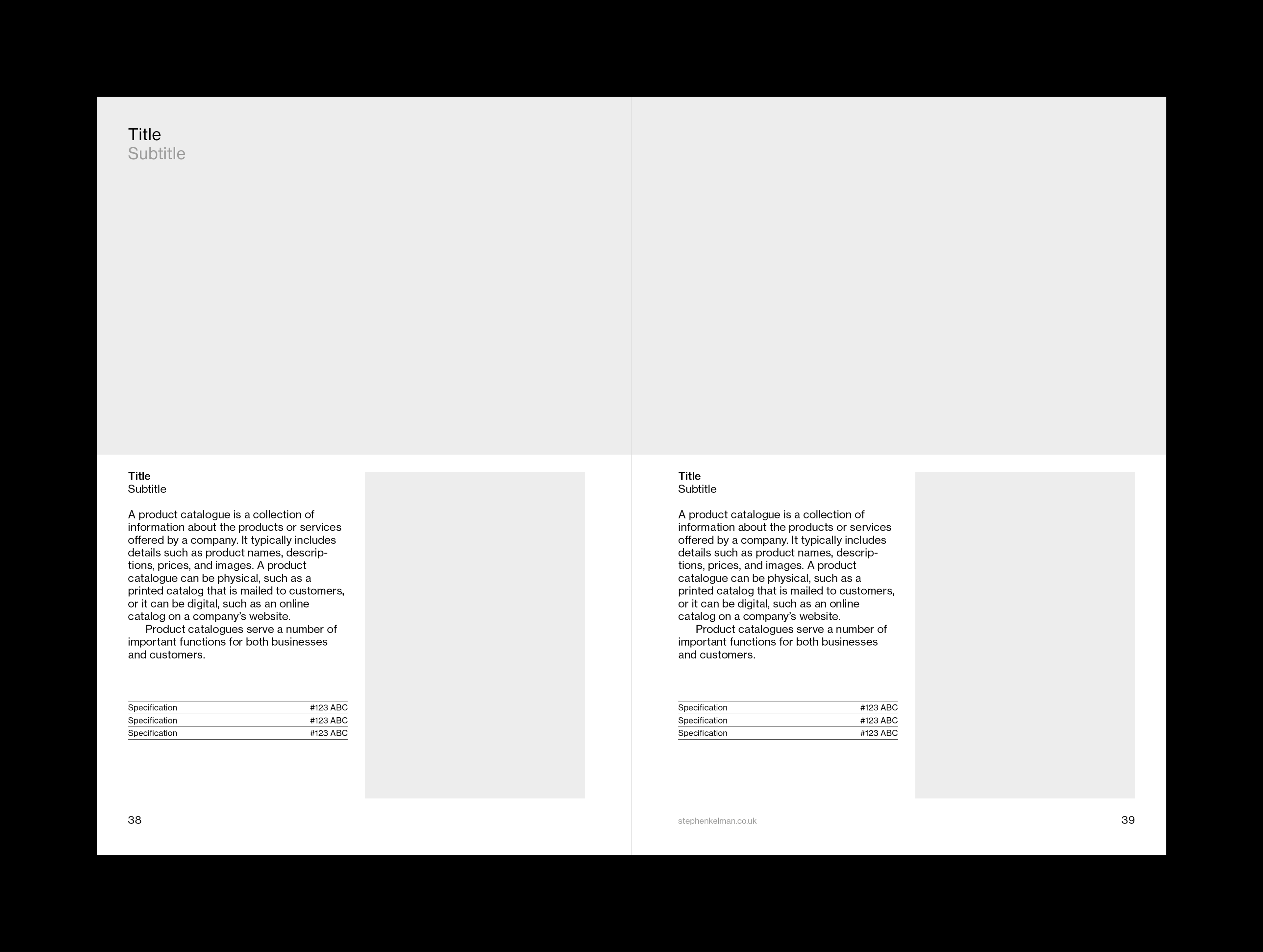 Internal layout example for A5 catalogue grid system and template for Adobe InDesign. This layout shows a mixture of text and images – this example is on a white background