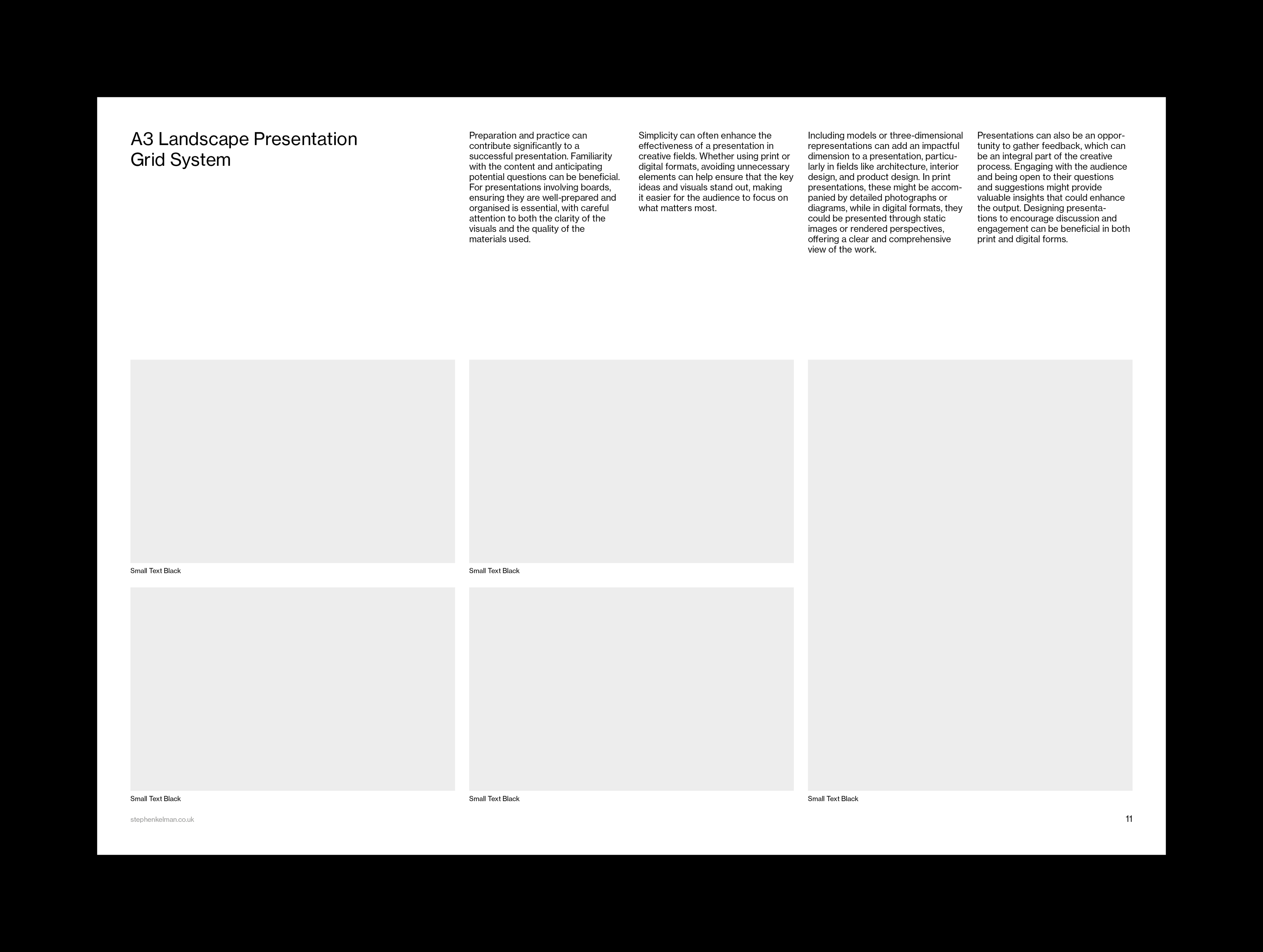 A3 landscape presentation grid system with placeholders for images and text, designed for professional and creative use.