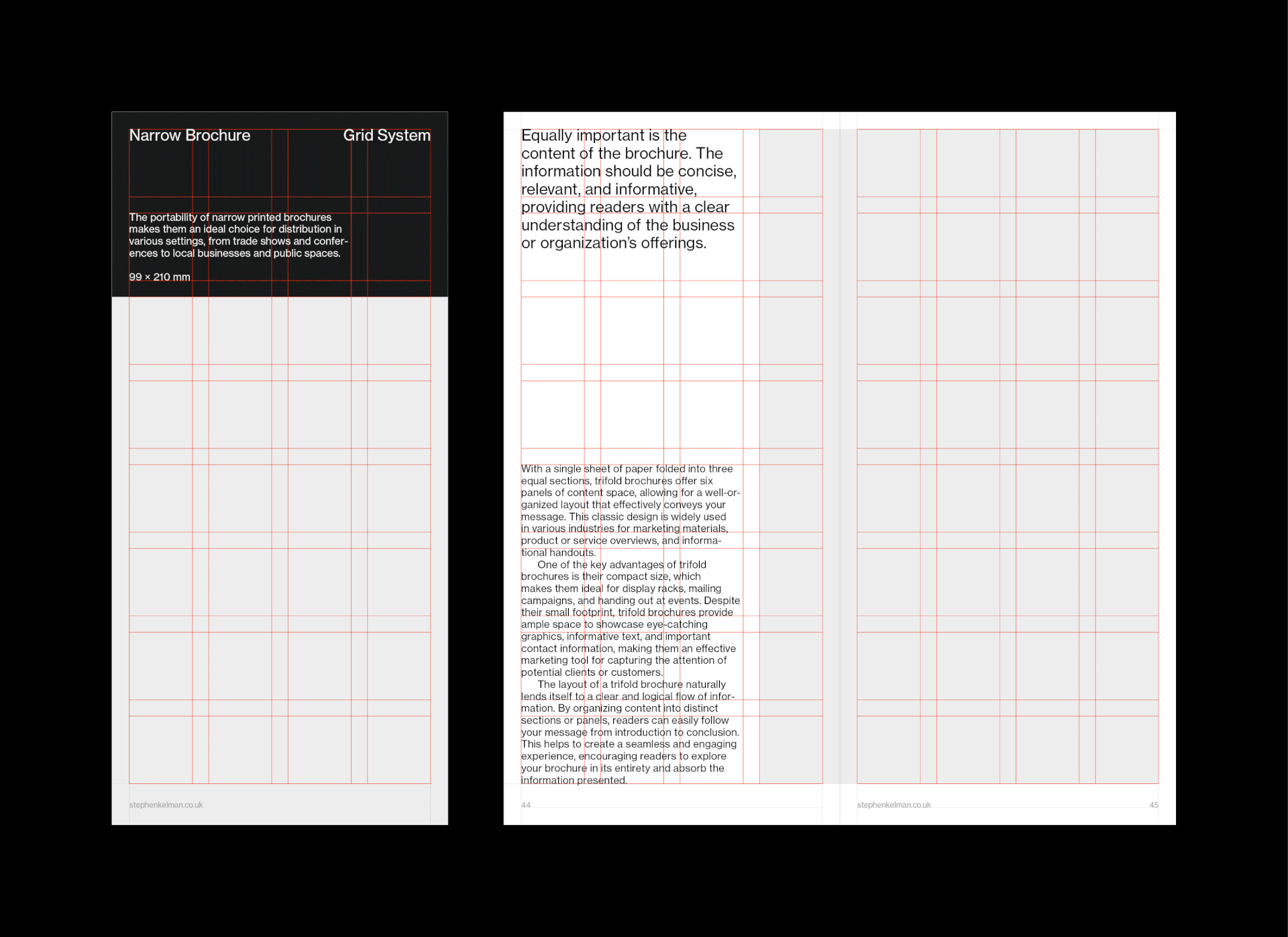 Cover and spread design for a narrow format grid system template. Visible grid lines