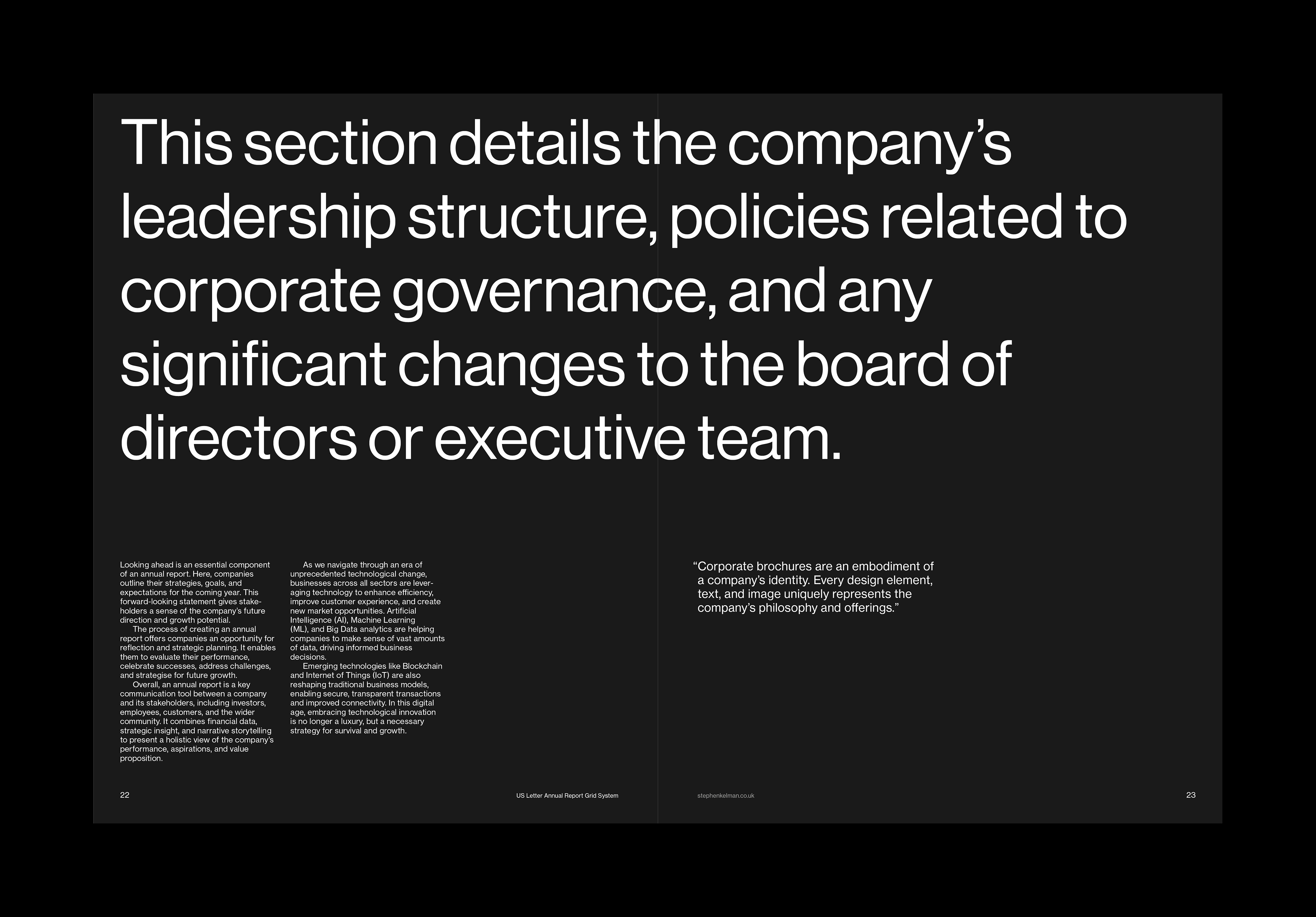 Brochure spread with white text on a dark background. The headline text is very large format