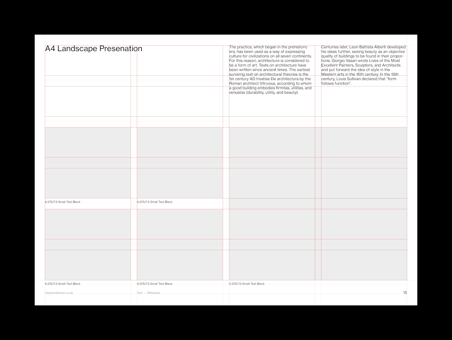 Animation showing grid system and layouts for an A4 landscape InDesign template