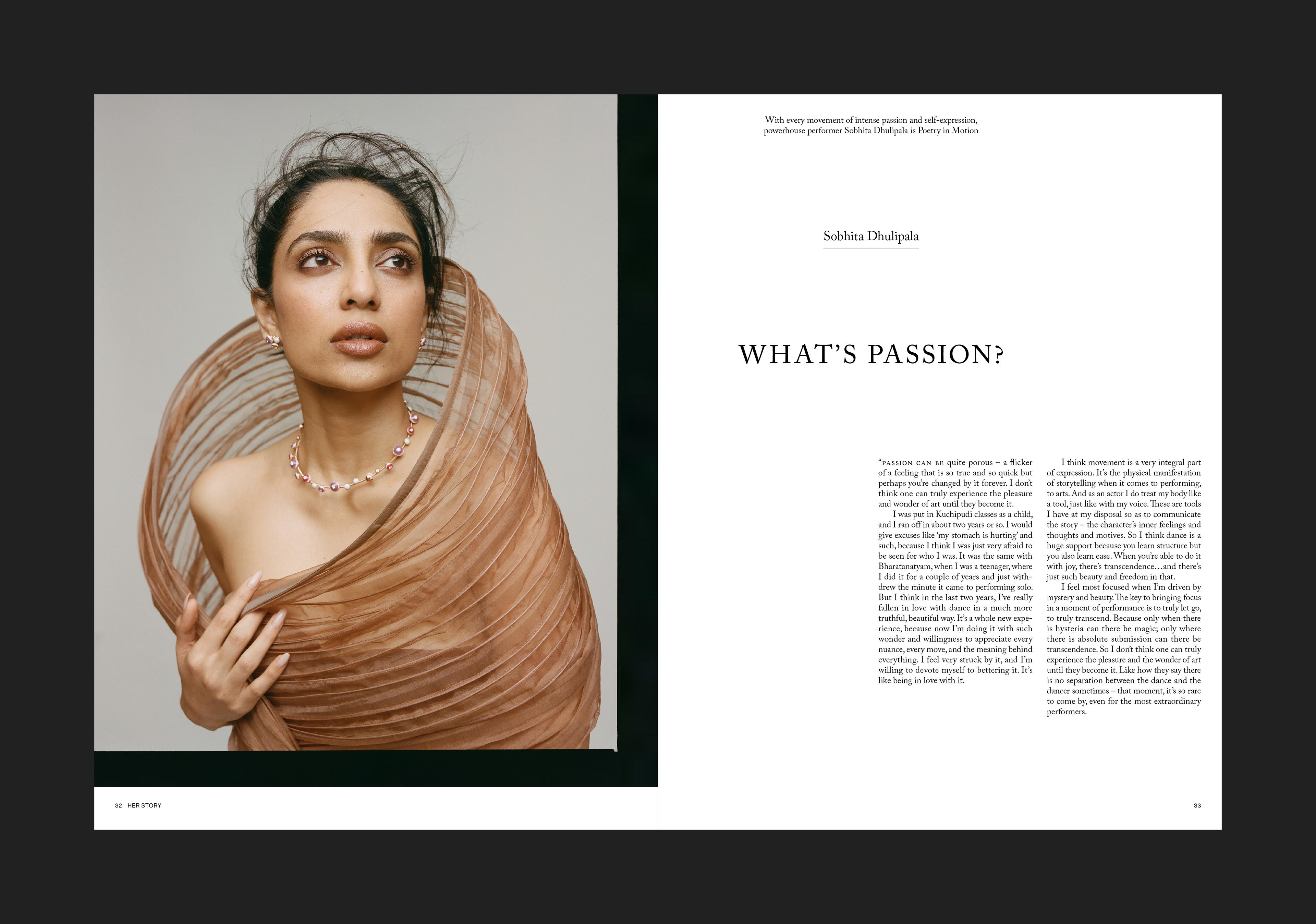 Spread design for jewellery magazine 'Her Story'. This spread features Sobhita Dhulipala