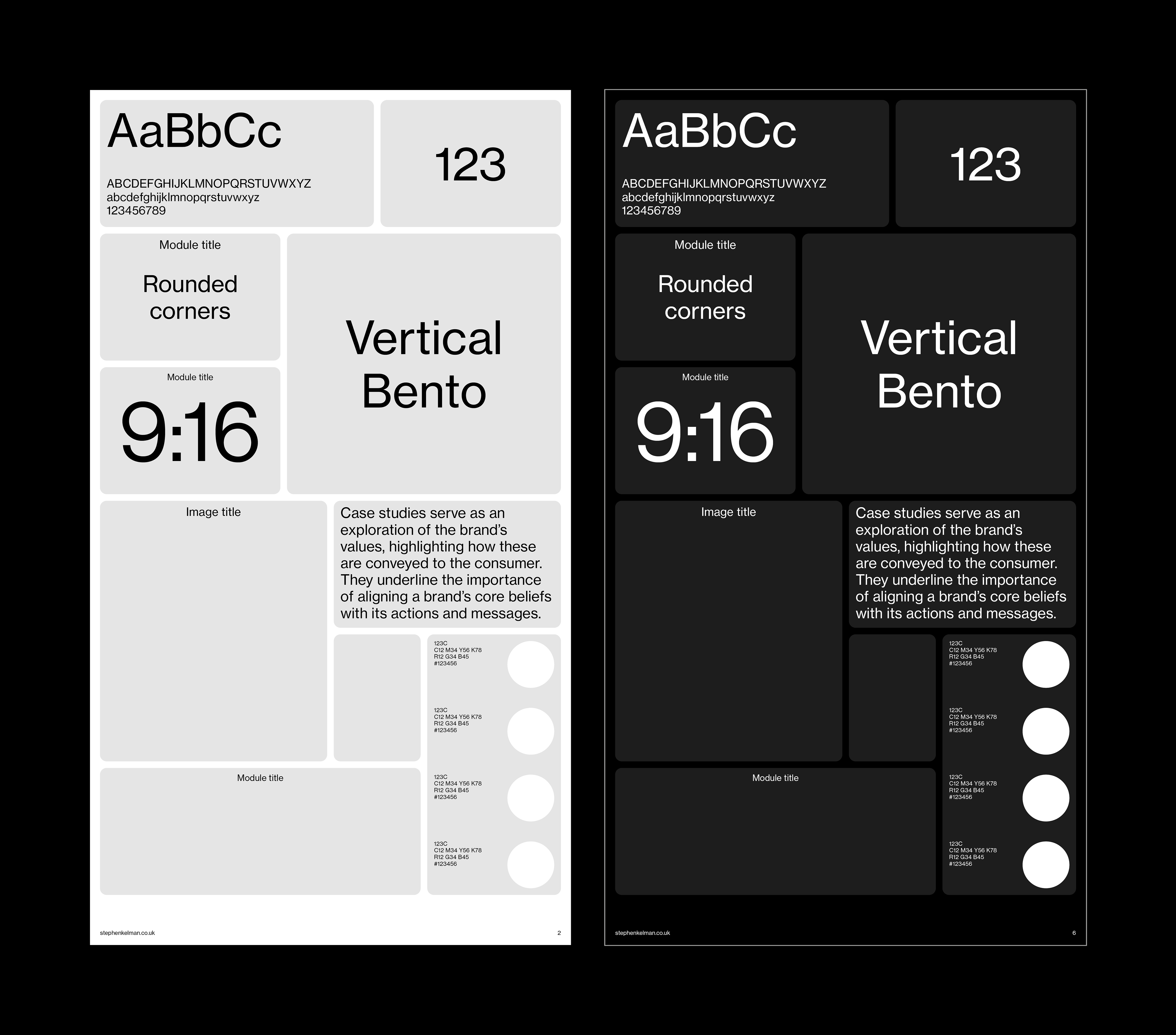 Layout examples for the 16:9 portrait grid system template for Adobe InDesign