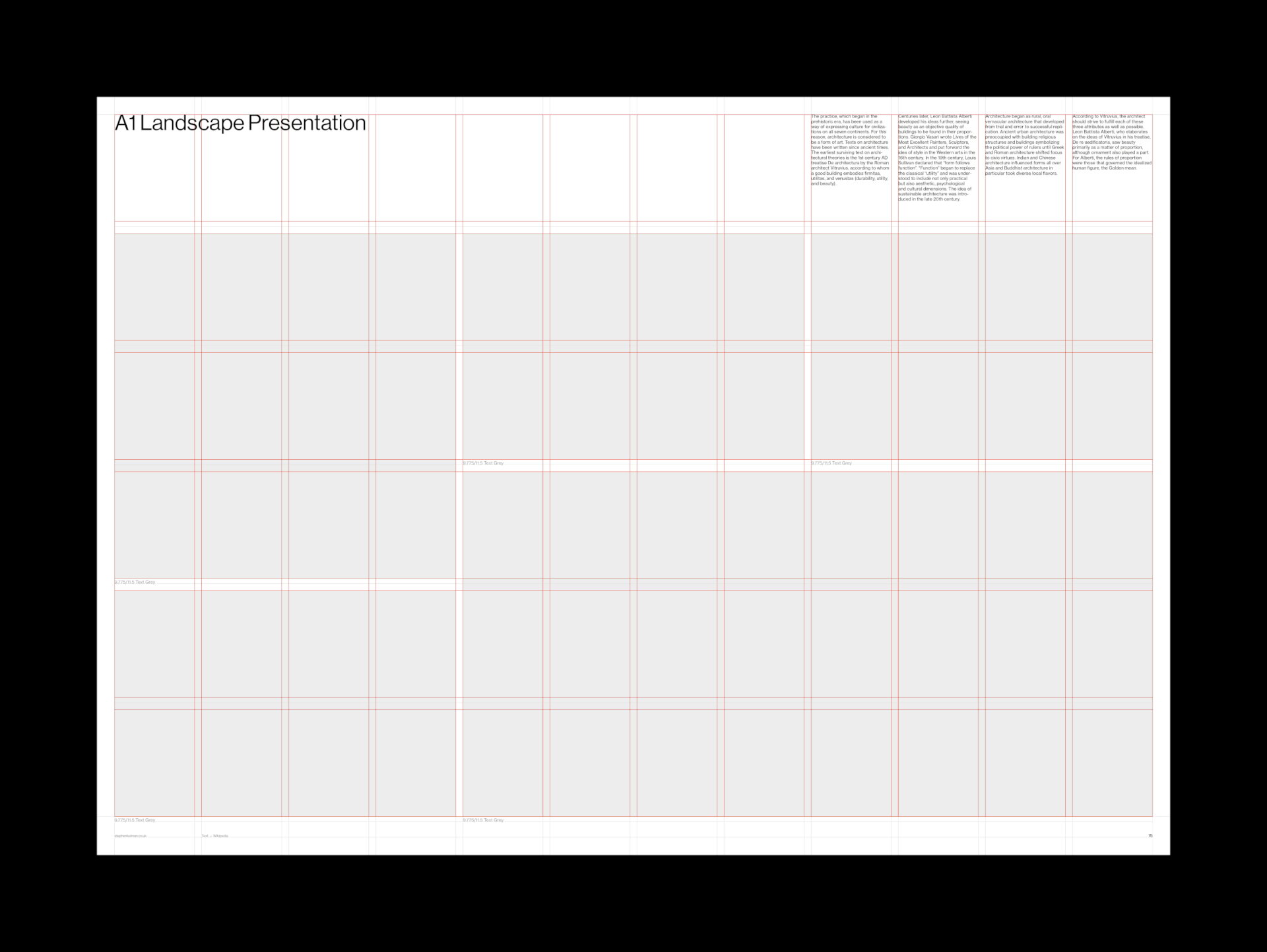 Animation showing grid system and layouts for an A1 landscape InDesign template