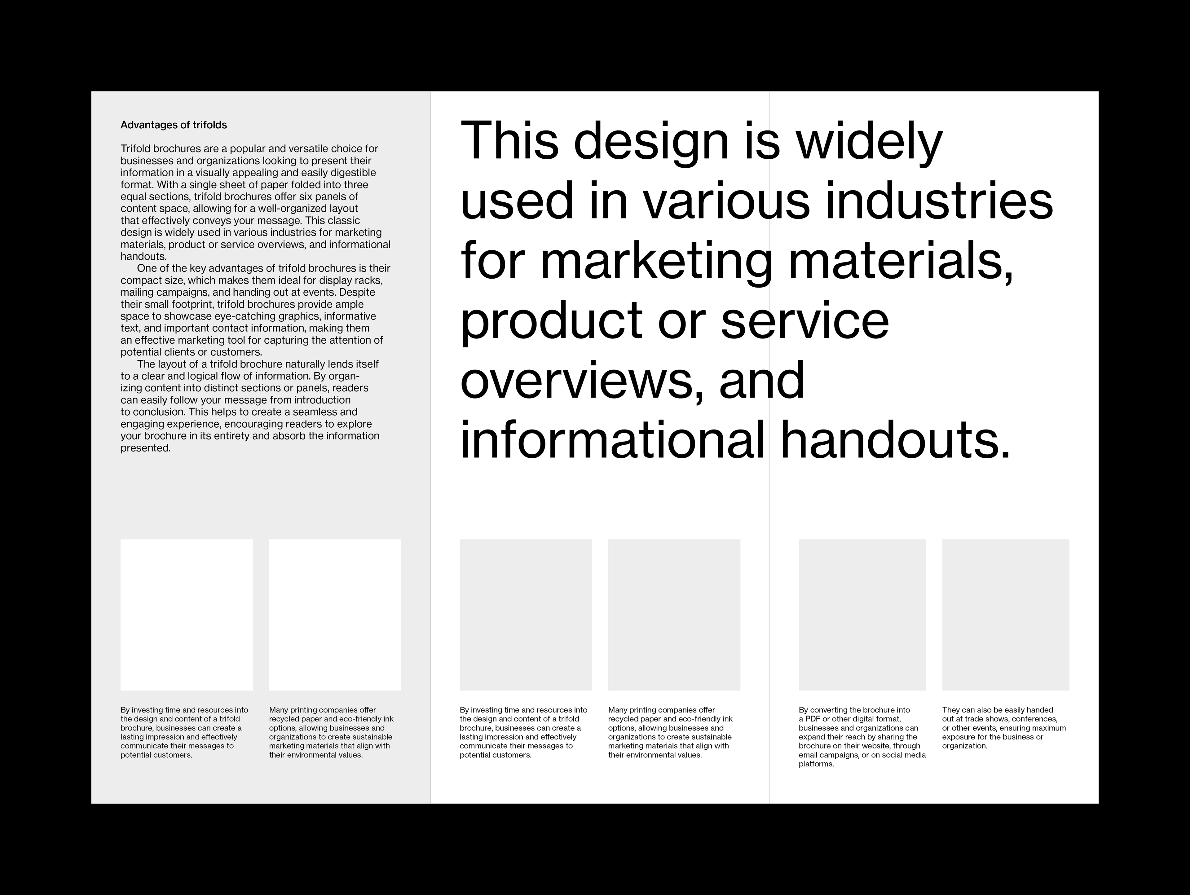 Inside spread layout for trifold brochure template. Image show large text design